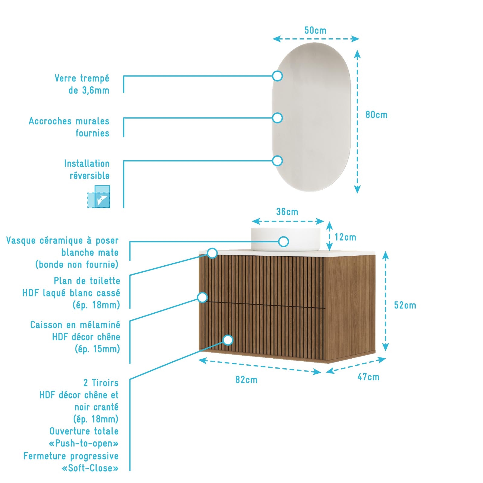 Meuble de salle de bain suspendu avec façade crantée, vasque(s) ronde(s) et miroir(s) ovales — vue 4