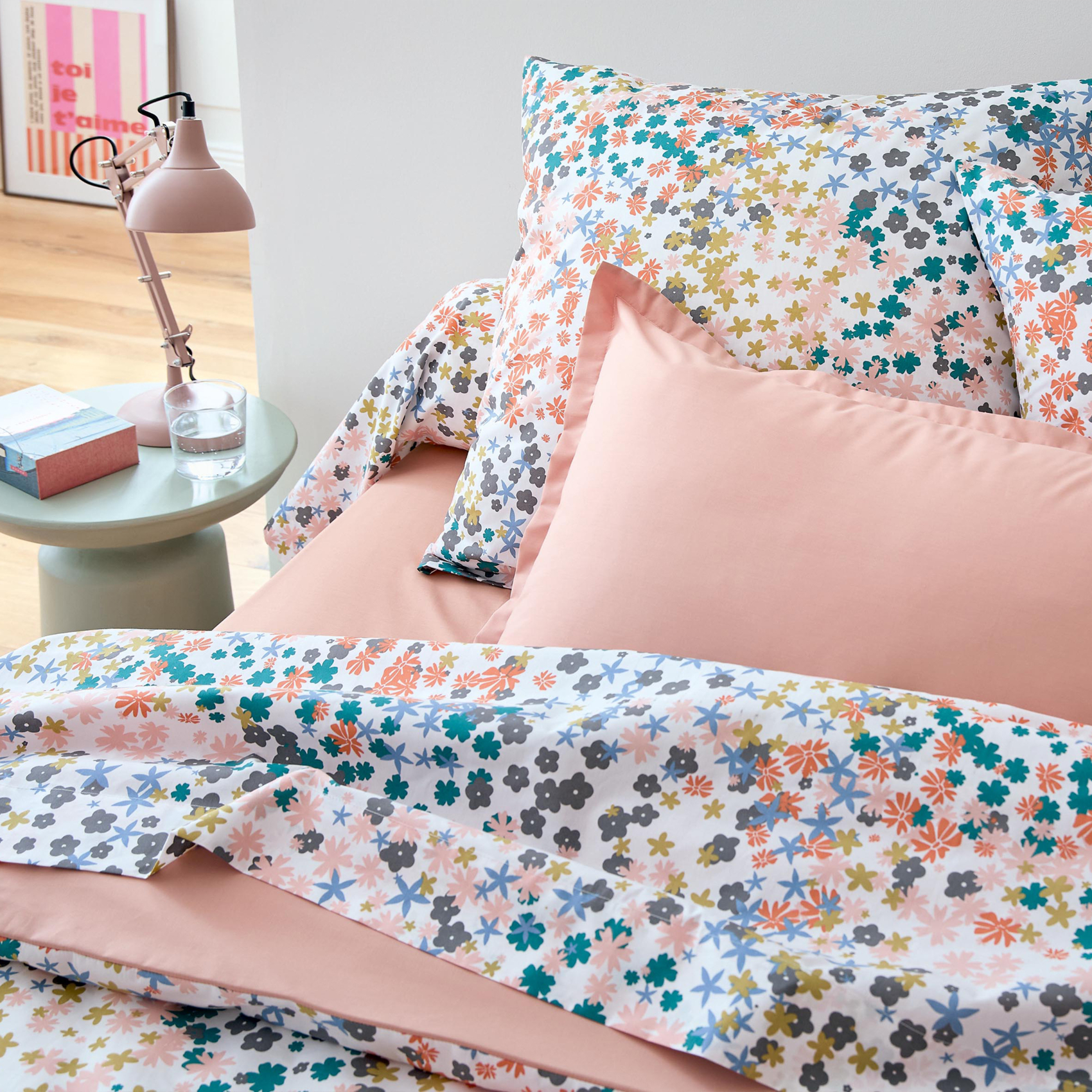 Taie de traversin percale de coton 80 fils motif floral