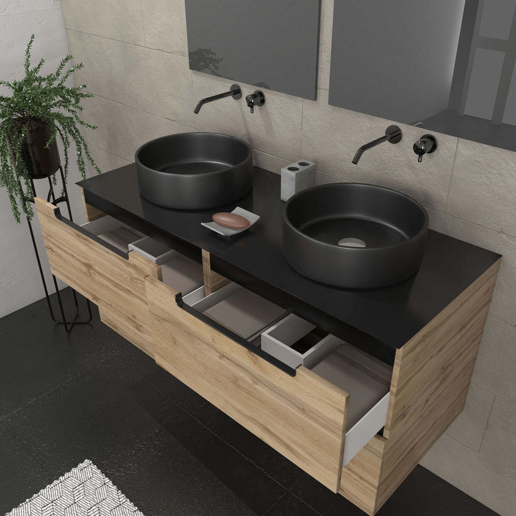 Ensemble de salle de bains avec 2 vasques rondes et 2 miroirs rectangulaires à led — vue 3