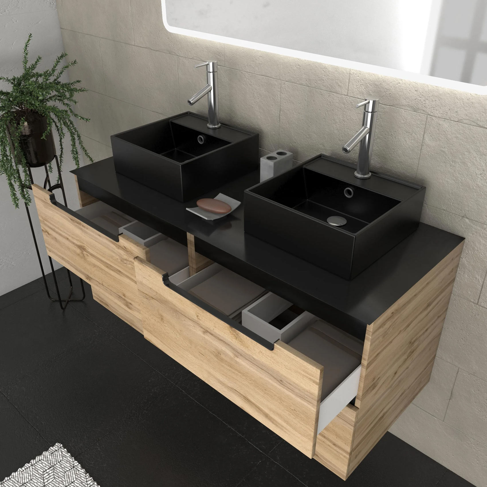 Ensemble de salle de bains avec 2 vasques et 1 miroir rectangulaires à led — vue 3