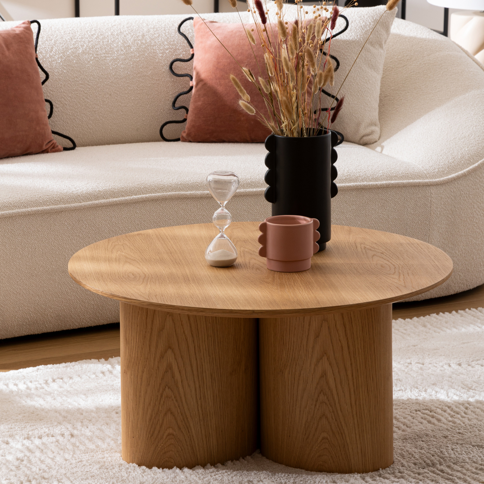 Table basse ronde aspect bois avec piètement cylindrique — vue 3