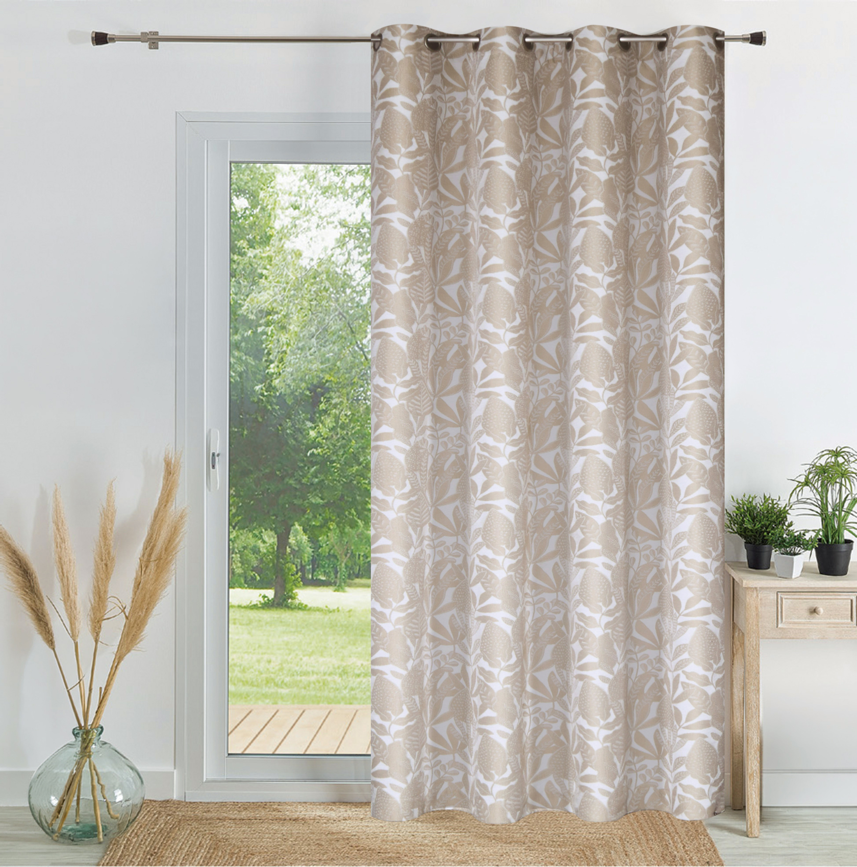 Rideau jacquard chenille à motif feuilles tamisant