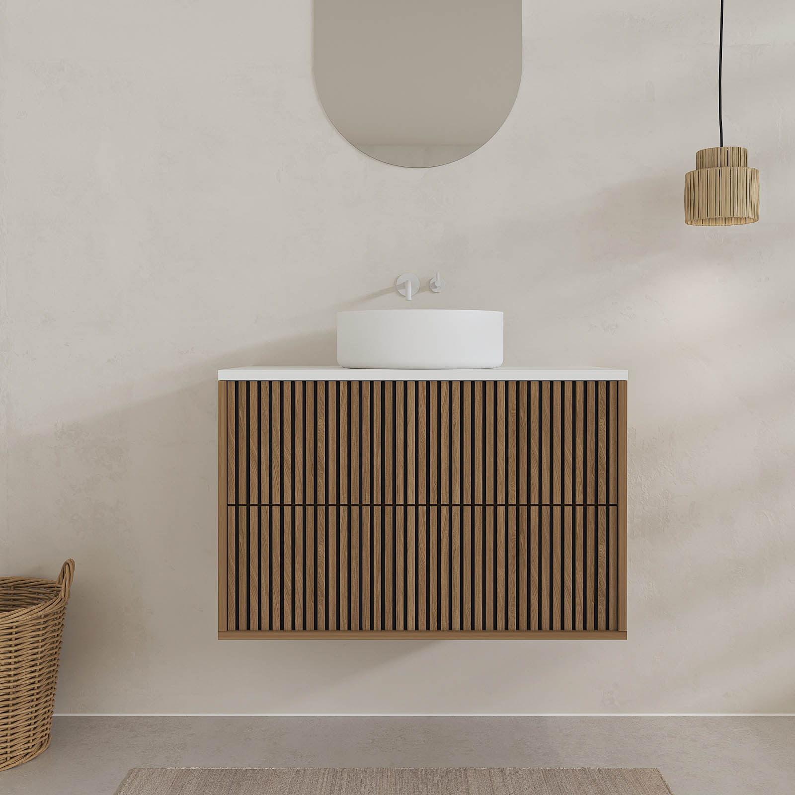 Meuble de salle de bain suspendu avec façade crantée, plan de toilette et vasque(s) à poser — vue 5