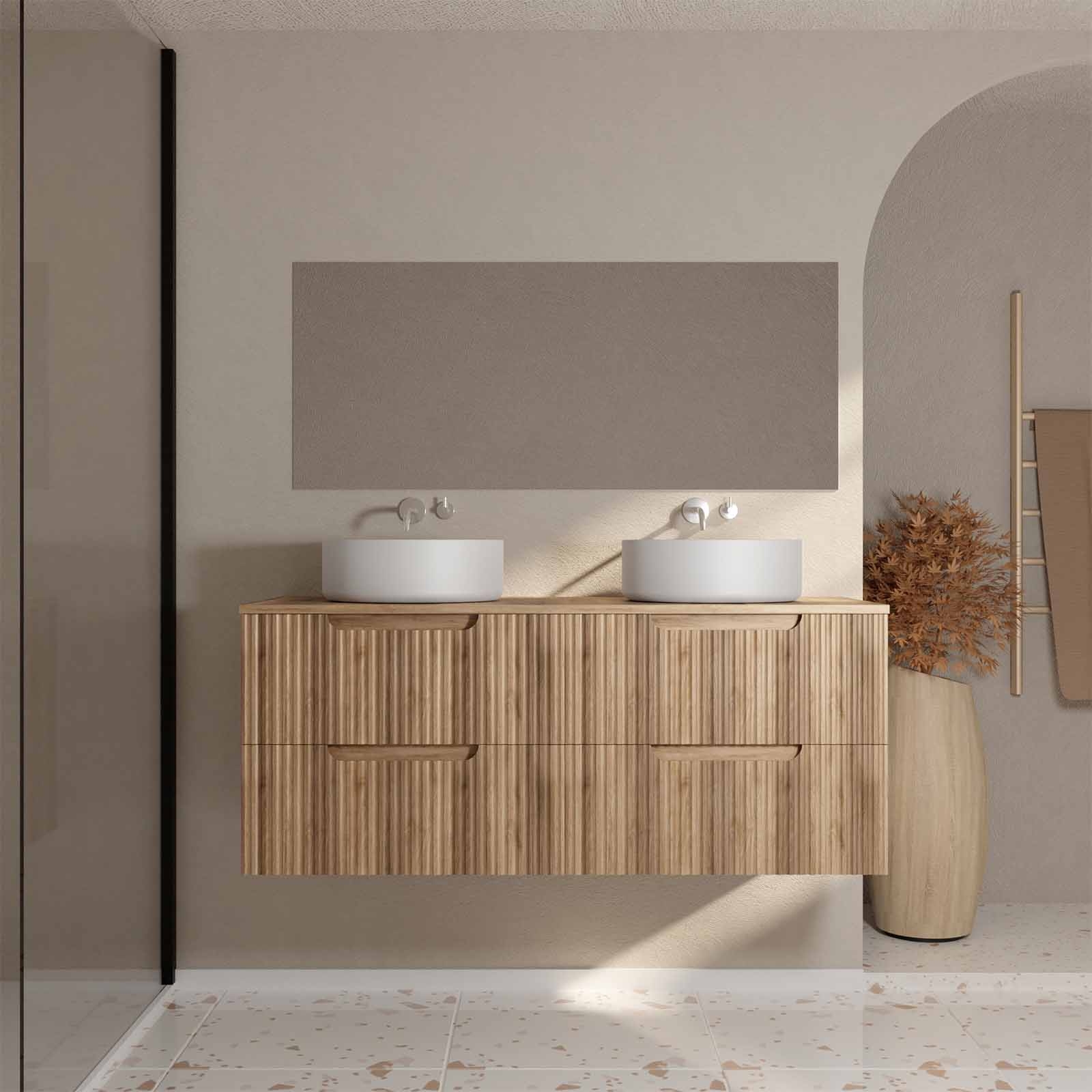 Meuble de salle de bain double vasque ronde avec façade ondulée et rangements intégrés — vue 4