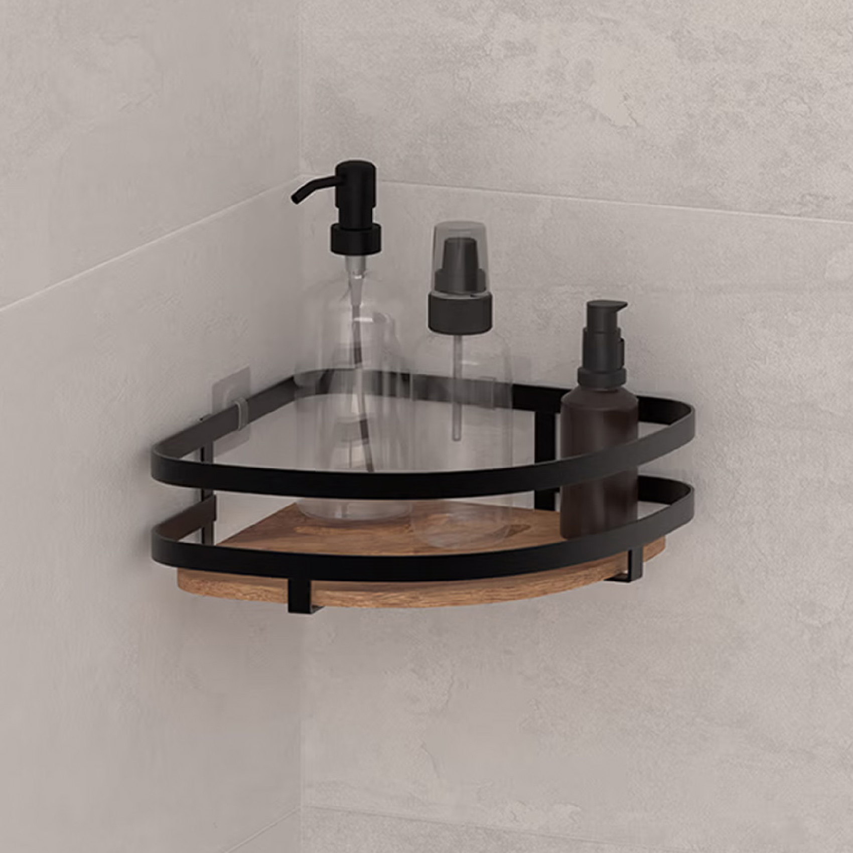 Etagère de douche d'angle sans perçage en bois