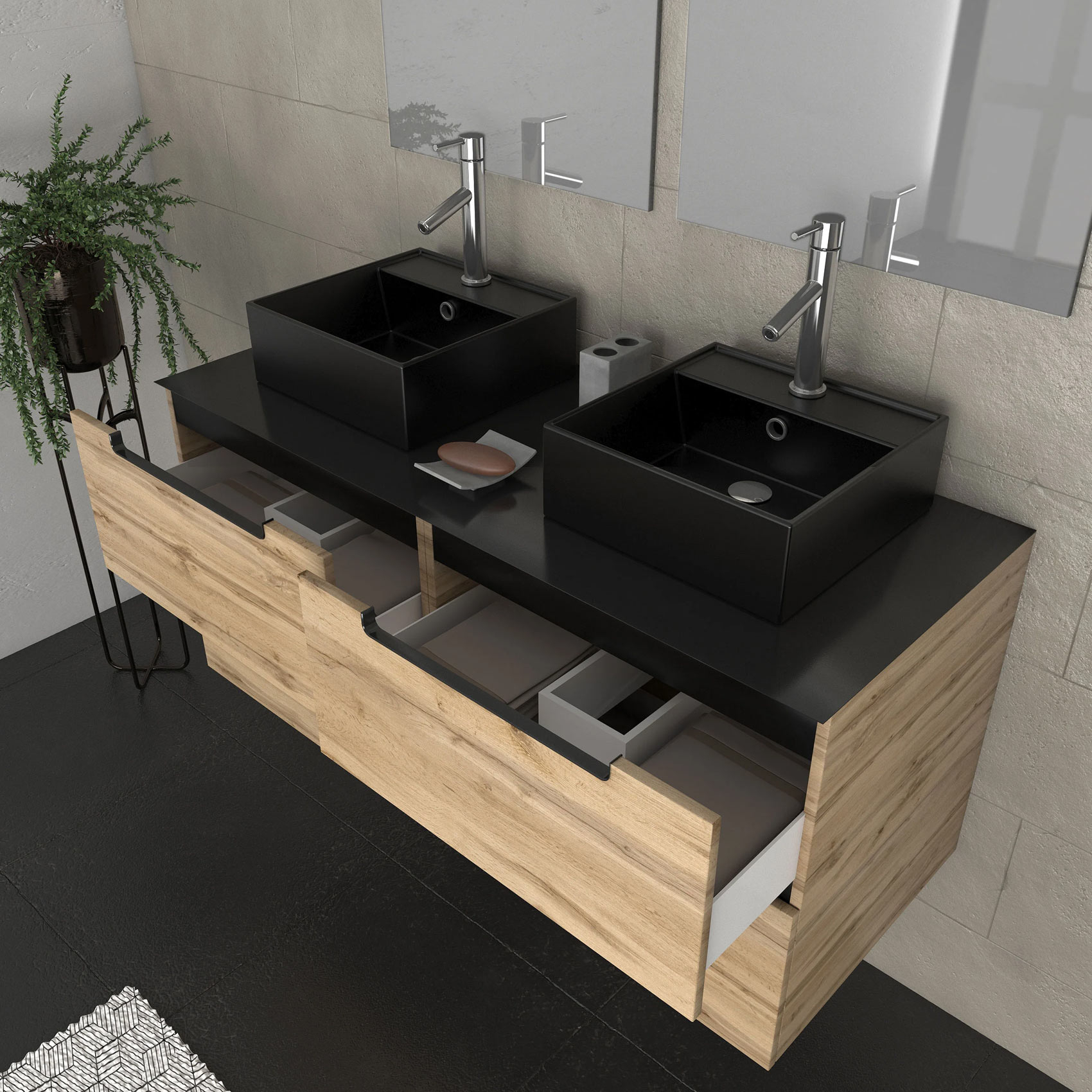 Ensemble de salle de bains avec 2 vasques et miroirs rectangulaires à led — vue 3