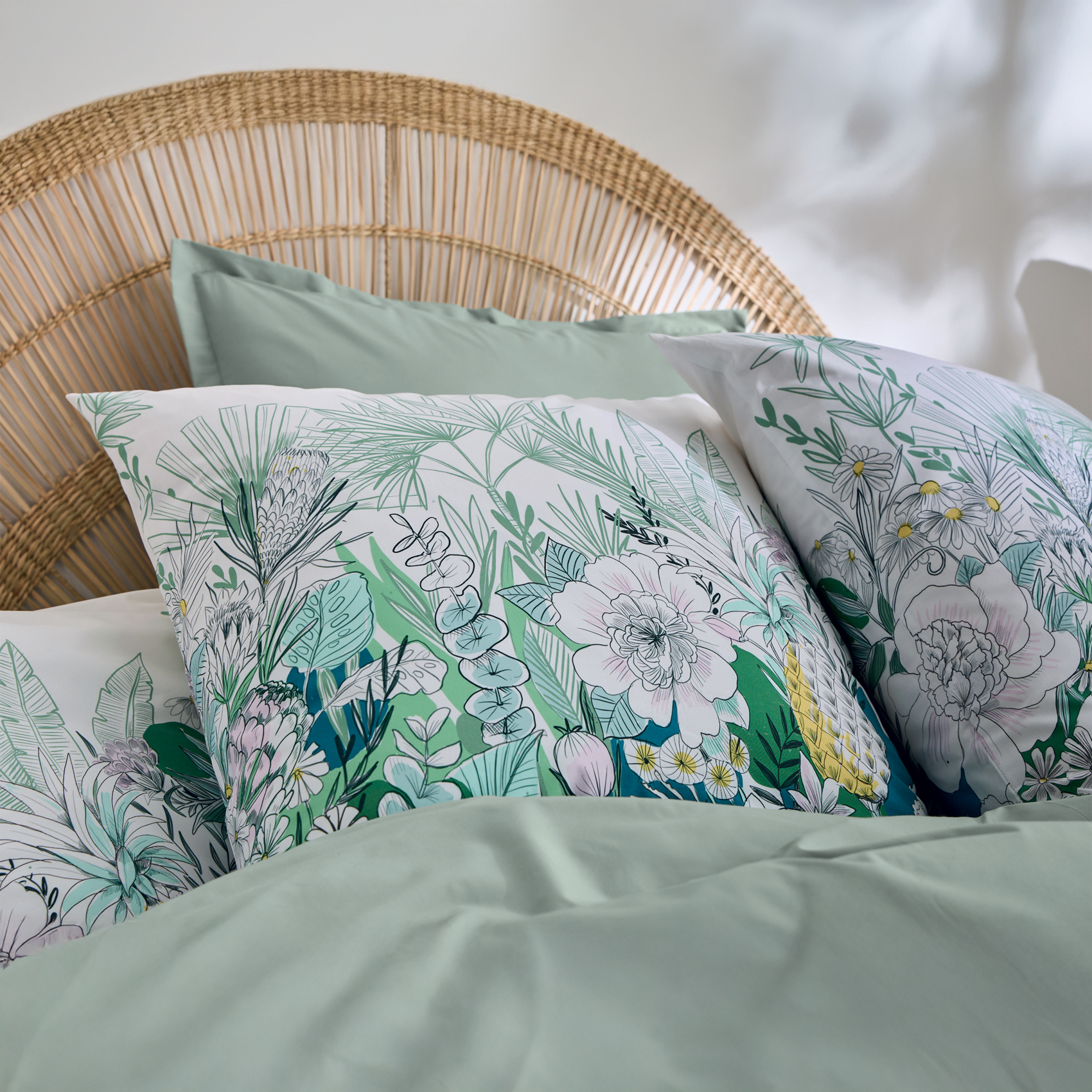 Taie d’oreiller percale de coton feuillage exotique