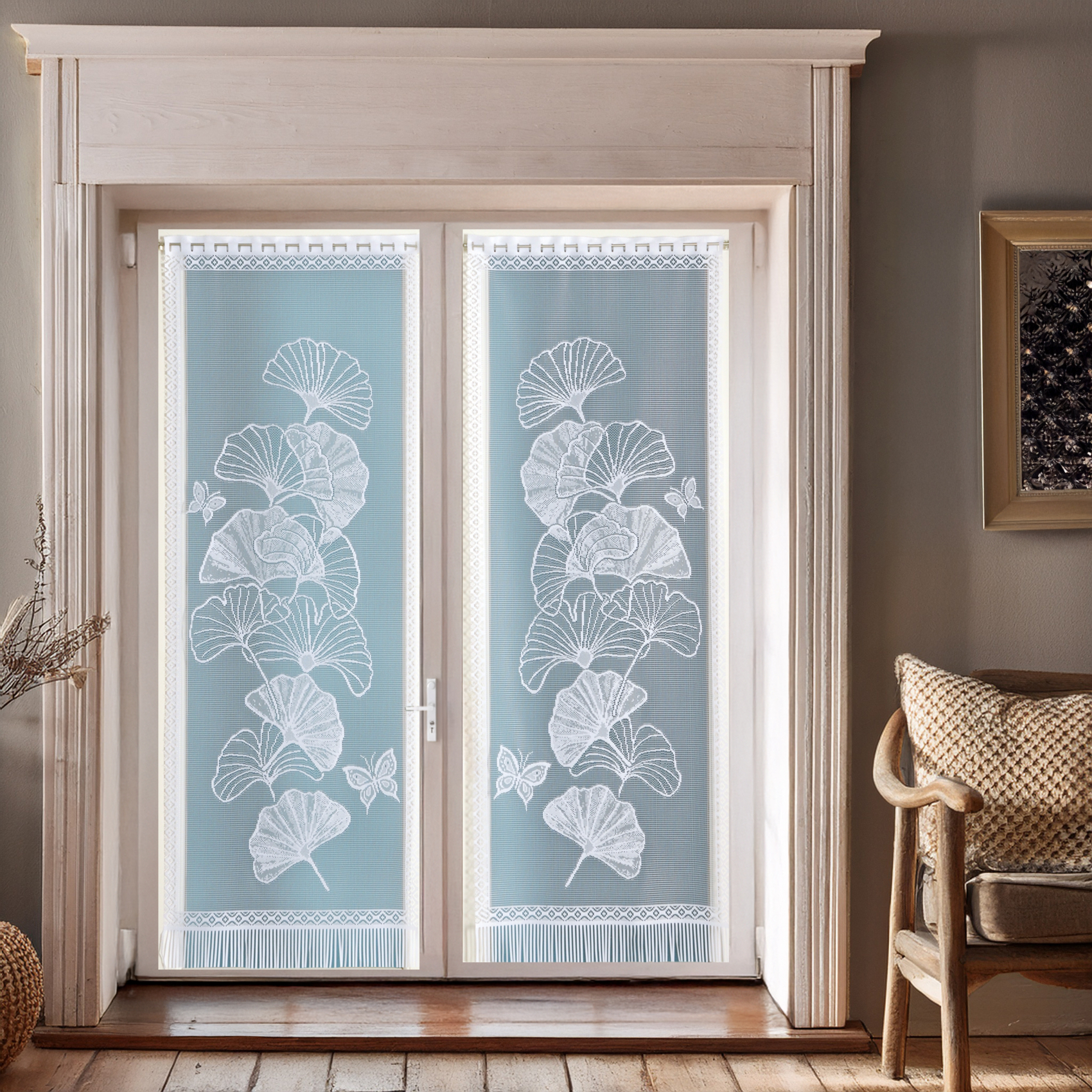 Paire de vitrages frangés dentelle motif ginkgo