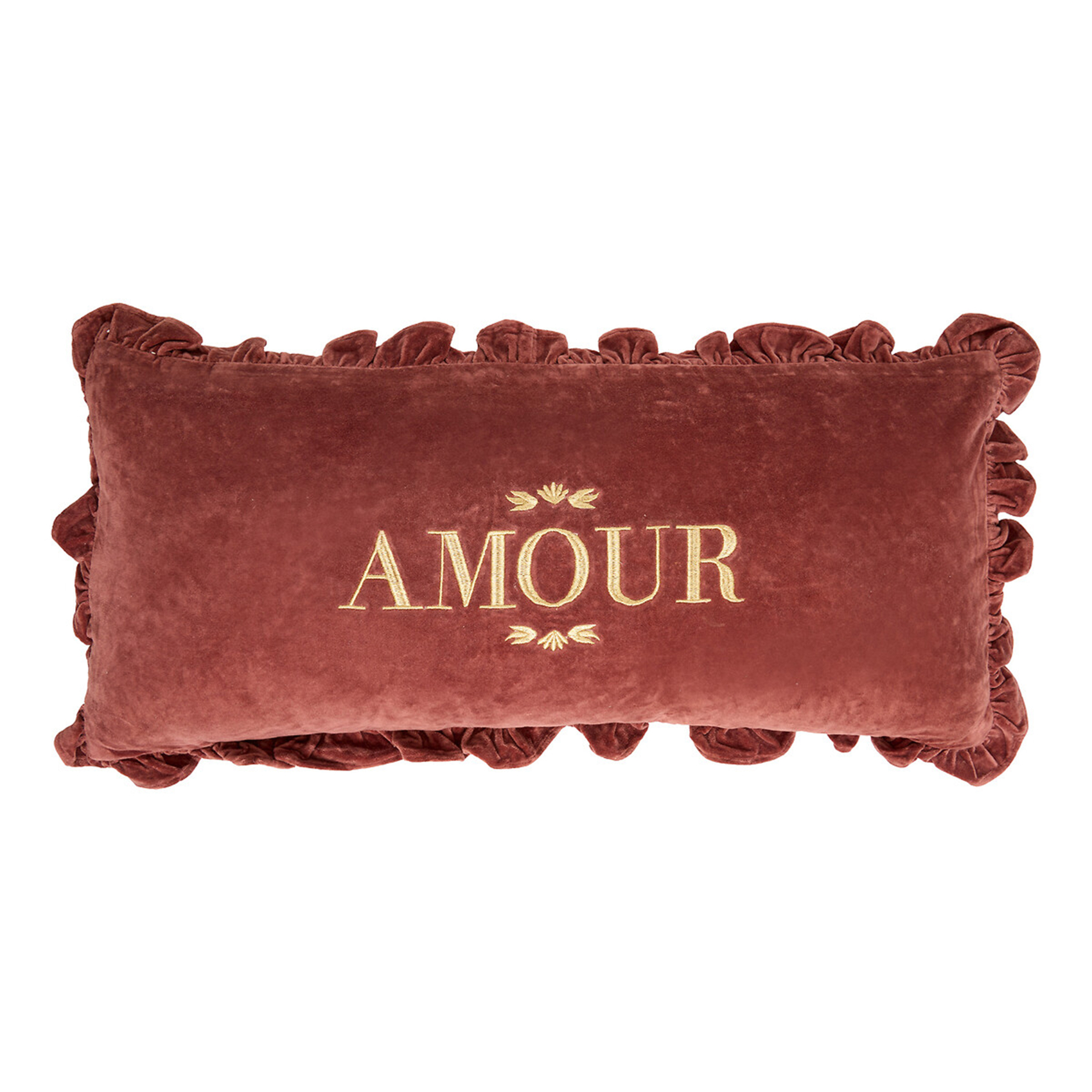 Coussin rectangulaire en velours brodé avec volant