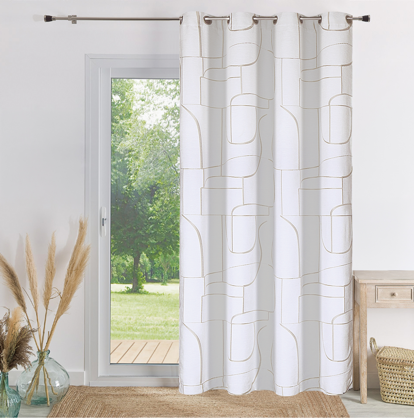 Rideau jacquard chenille motif géométrique tamisant