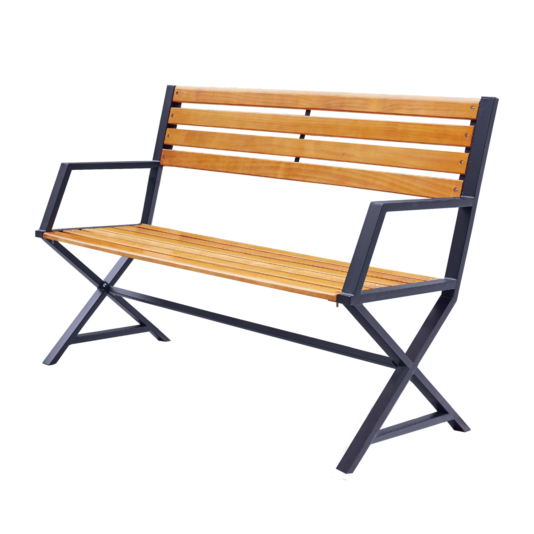 Banc en acier de couleur noir et pin couleur teck