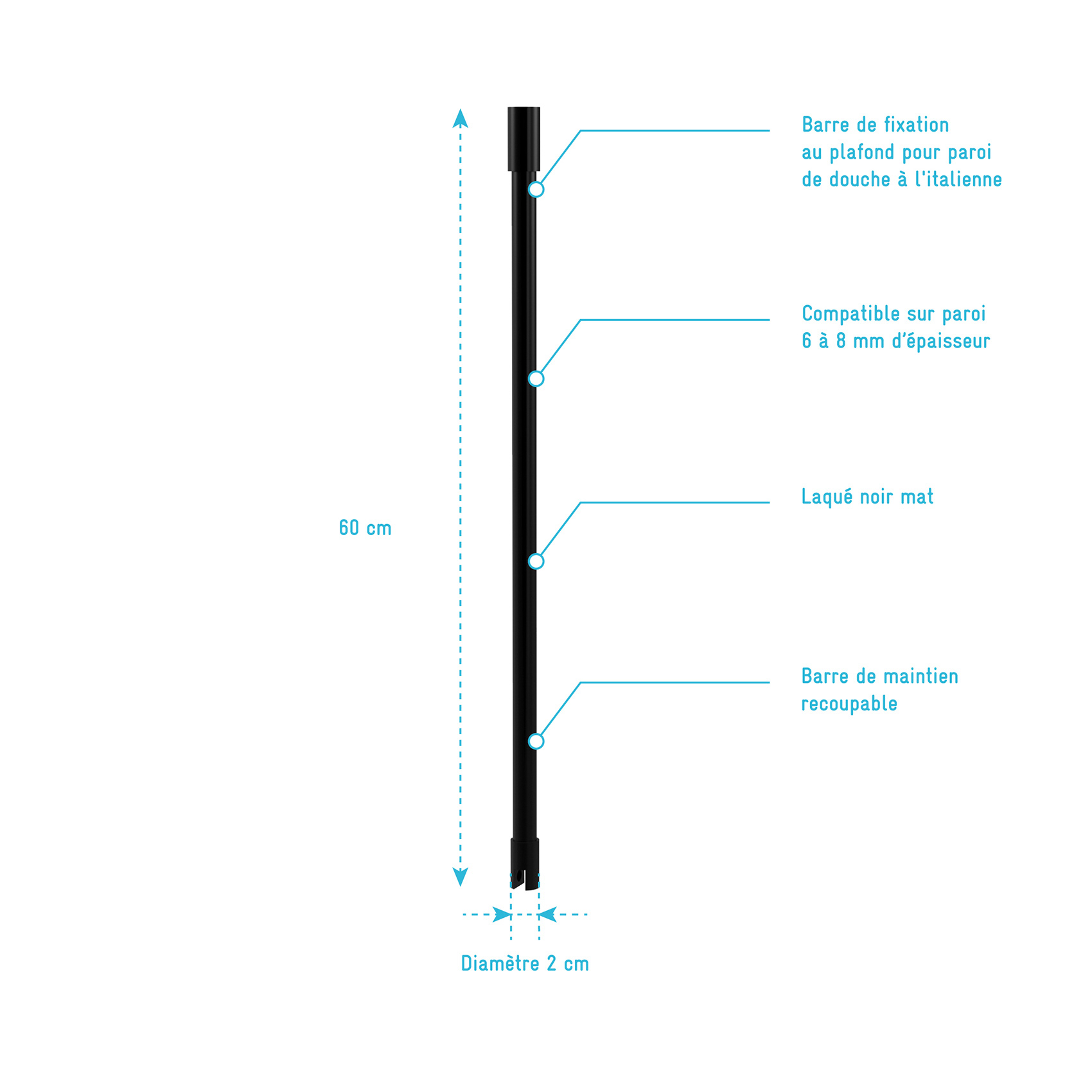 Barre de fixation plafond recoupable pour douche italienne — vue 4