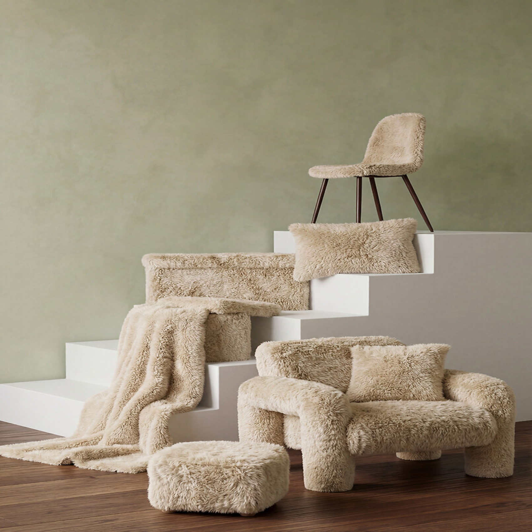 Pouf carré à poils longs avec pieds en pin — vue 5