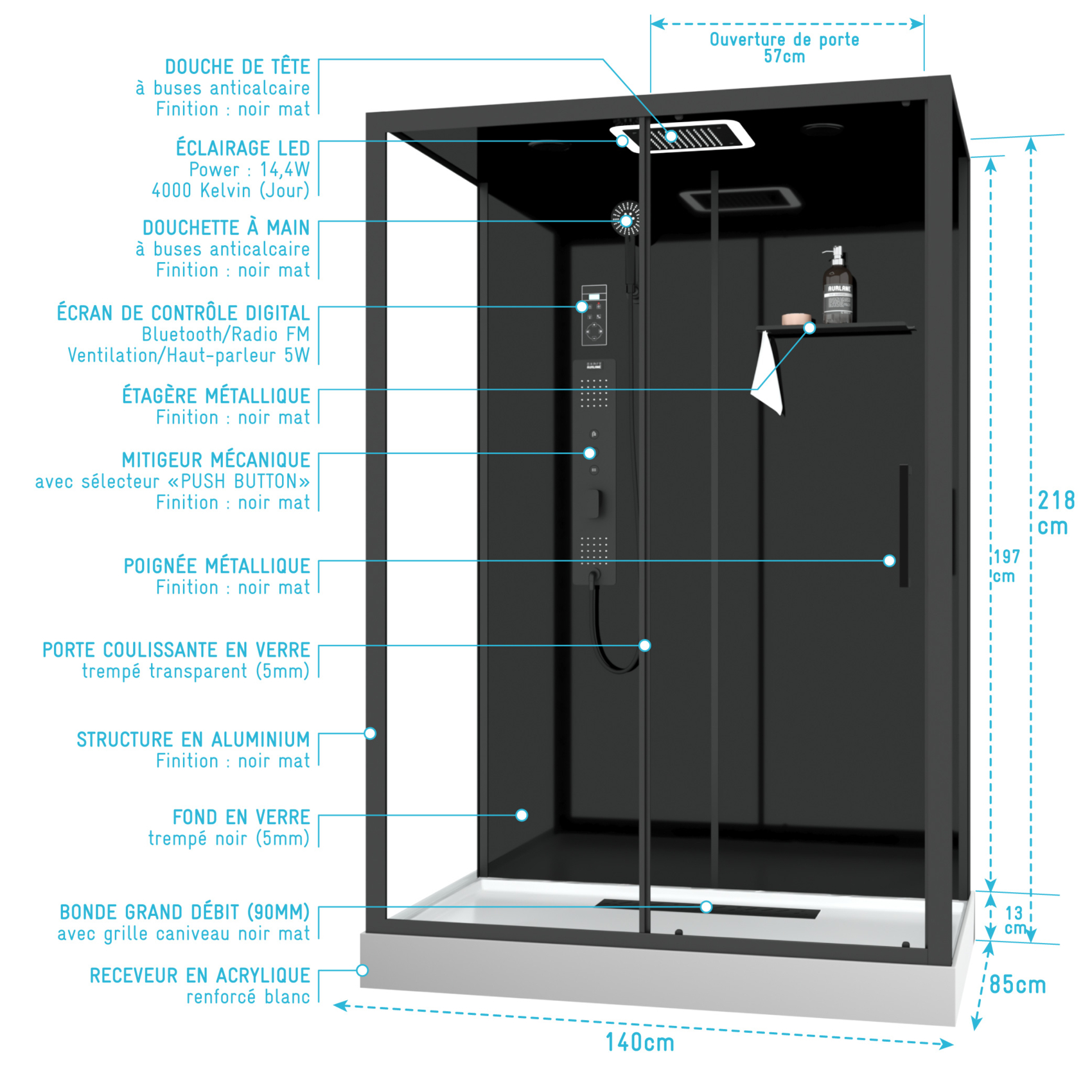 Cabine de douche hydromassante rectangulaire XXL avec porte coulissante et panneau de contrôle tactile — vue 6