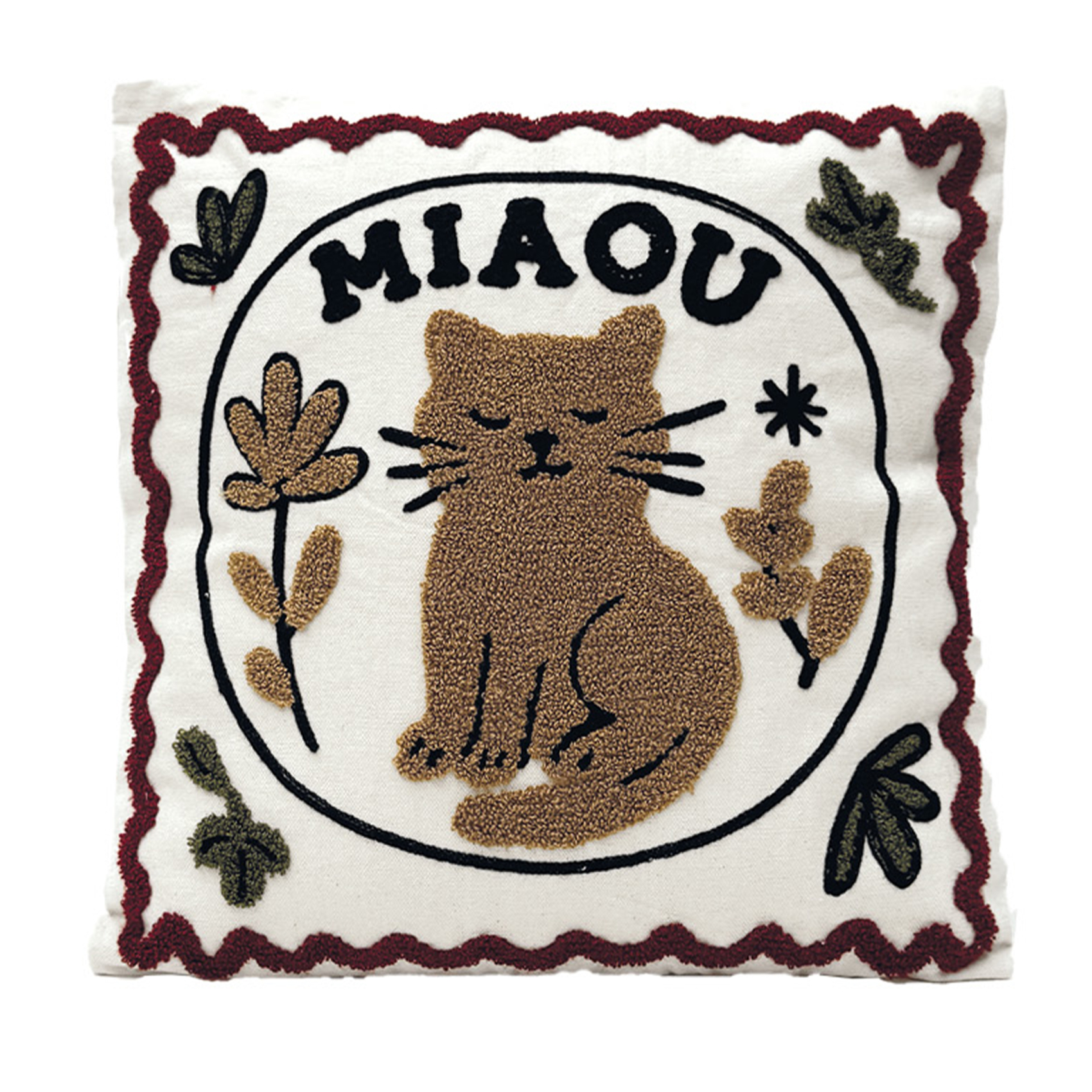 Coussin brodé motif chat décoratif