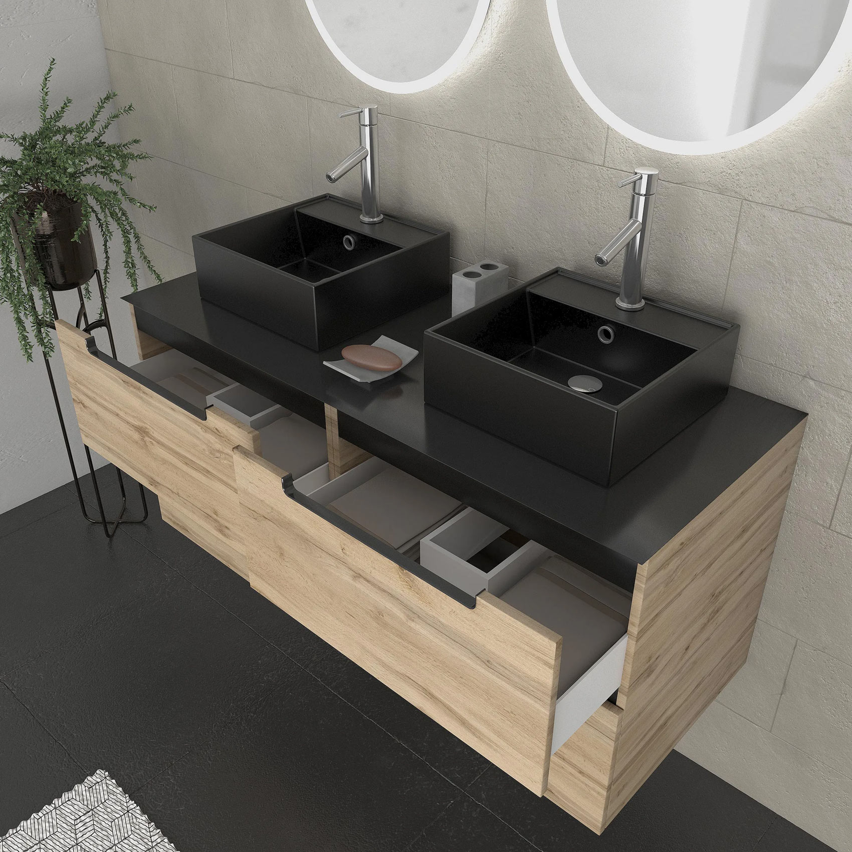 Ensemble de salle de bains avec 2 vasques rectangulaires et 2 miroirs ronds à led — vue 3