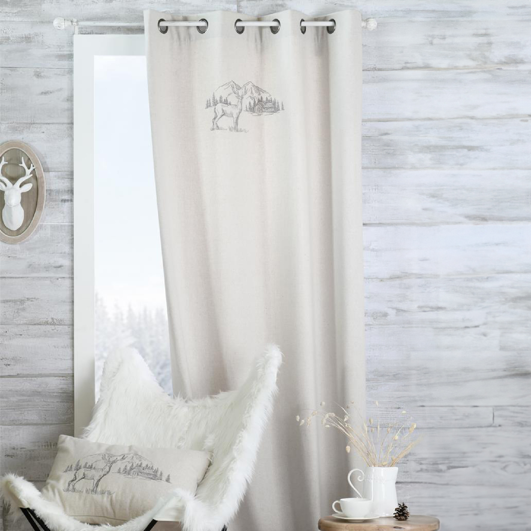 Rideau cerf esprit chalet effet laine brodé — vue 4