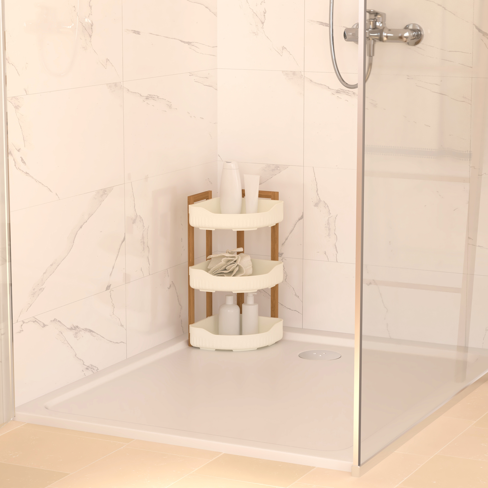 Étagère de douche d’angle 3 niveaux bambou et plastique — vue 4