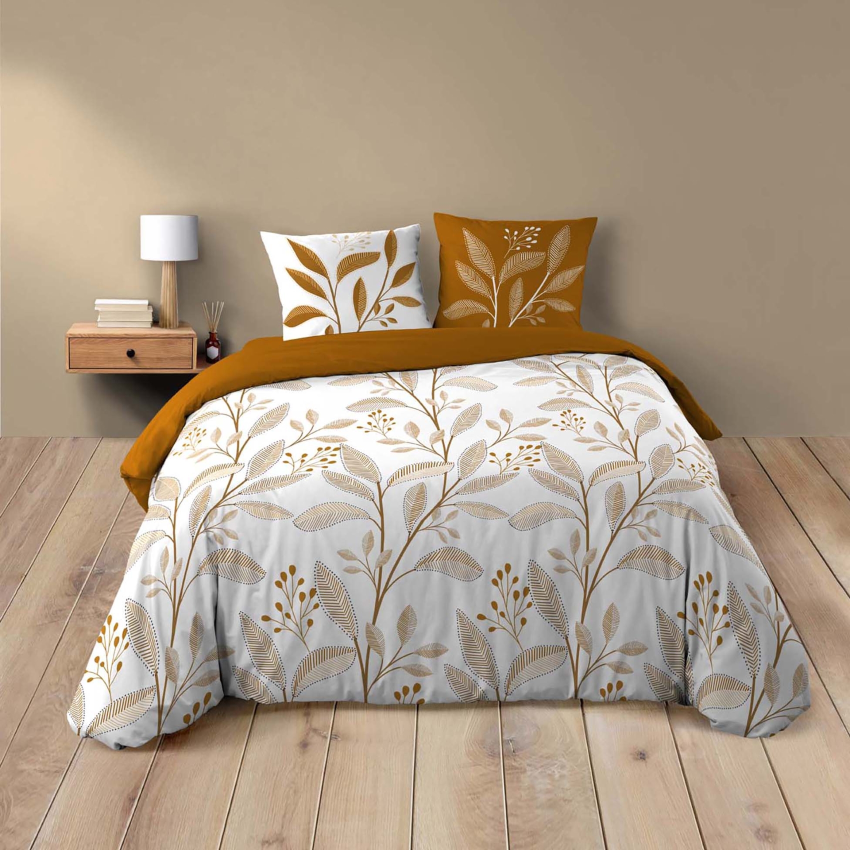 Parure de lit 3 pièces en coton à motif feuilles housse + taies