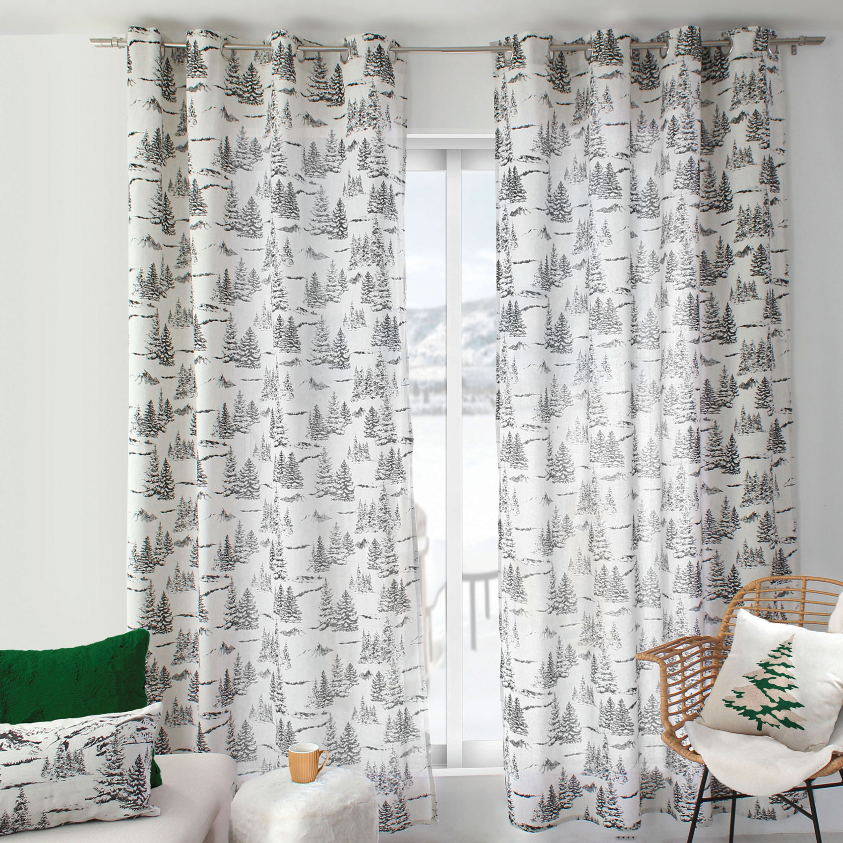 Rideau imprimé montagne en coton recyclé