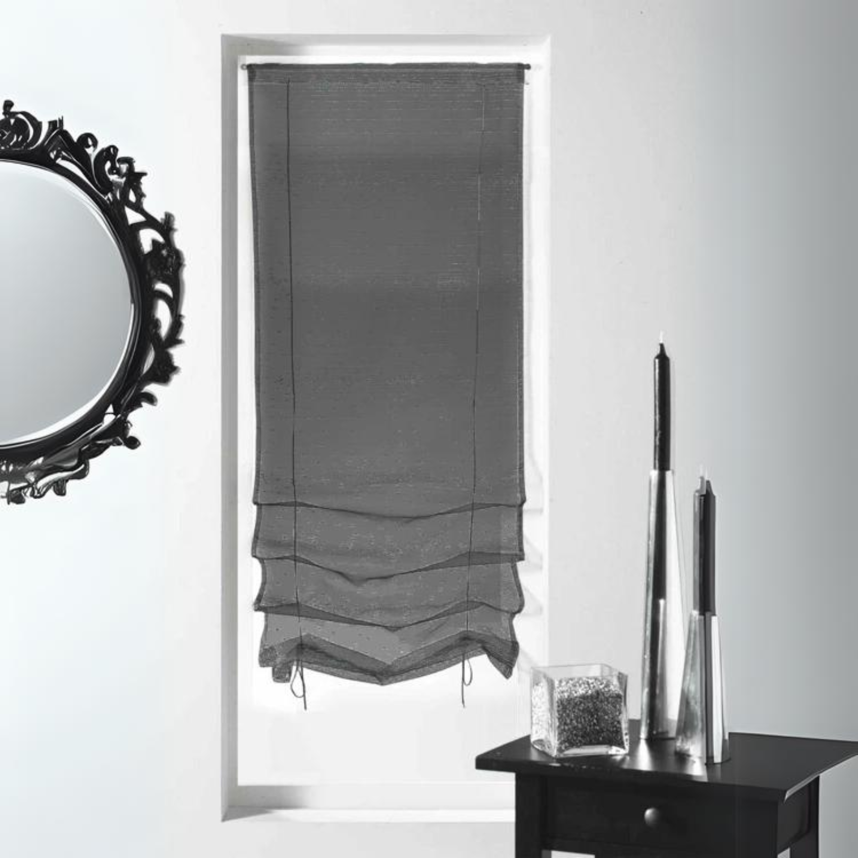 Petit voilage à remonter en organza fantaisie 'goutte d'eau métallique'