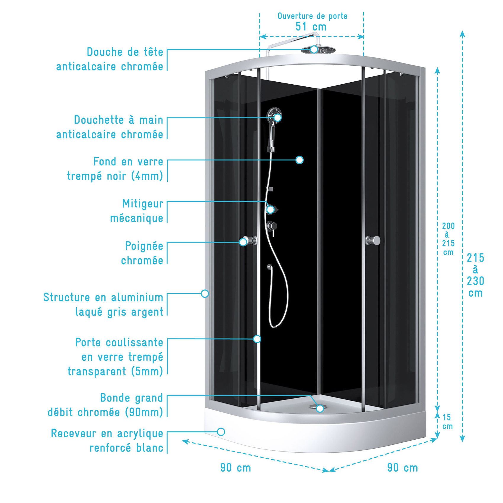 Cabine de douche 1/4 de cercle minimaliste design contemporain — vue 5