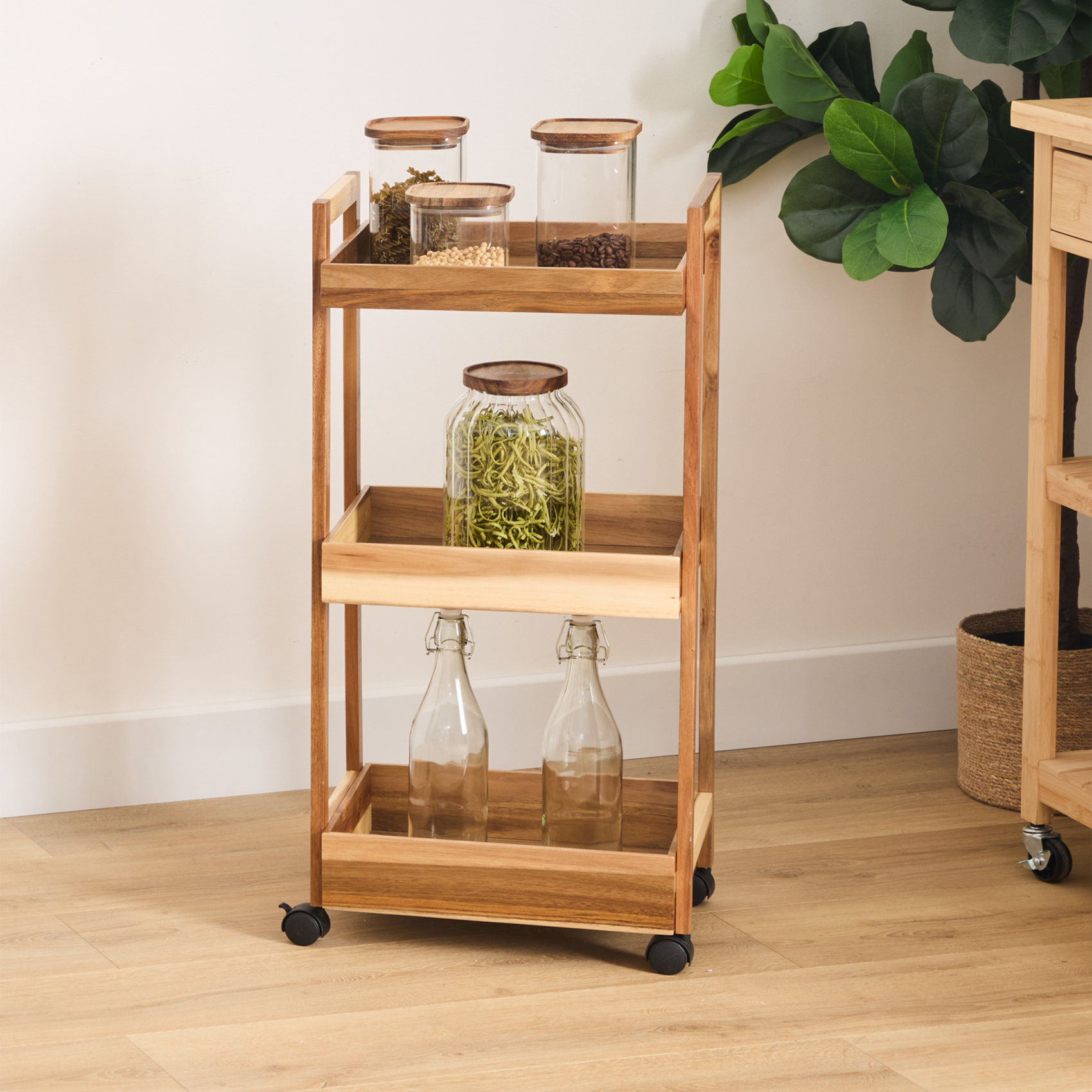 Desserte en bois à roulettes avec 3 niveaux de rangement — vue 6
