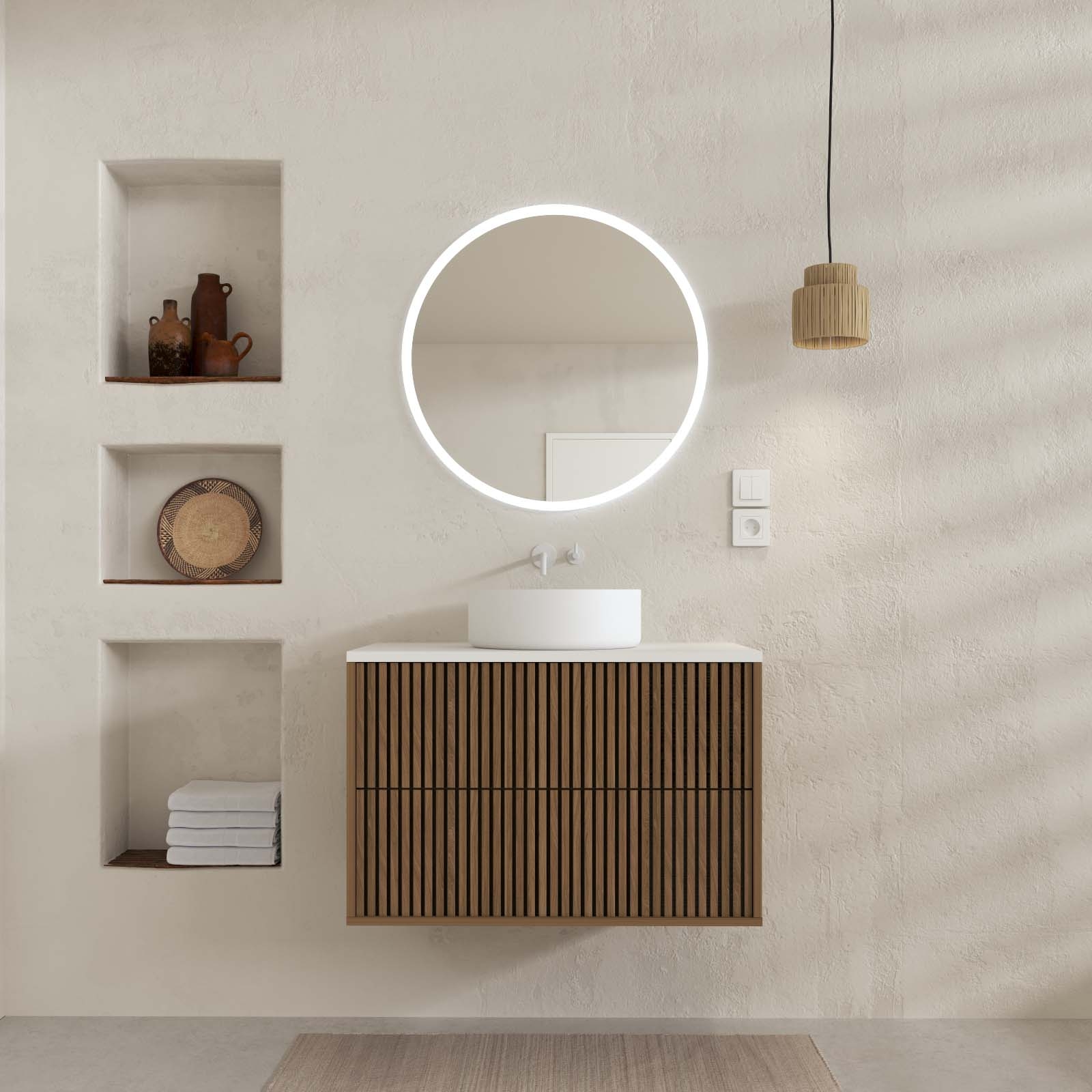 Meuble de salle de bain suspendu avec façade crantée, vasque(s) ronde(s) et miroir(s) LED — vue 5