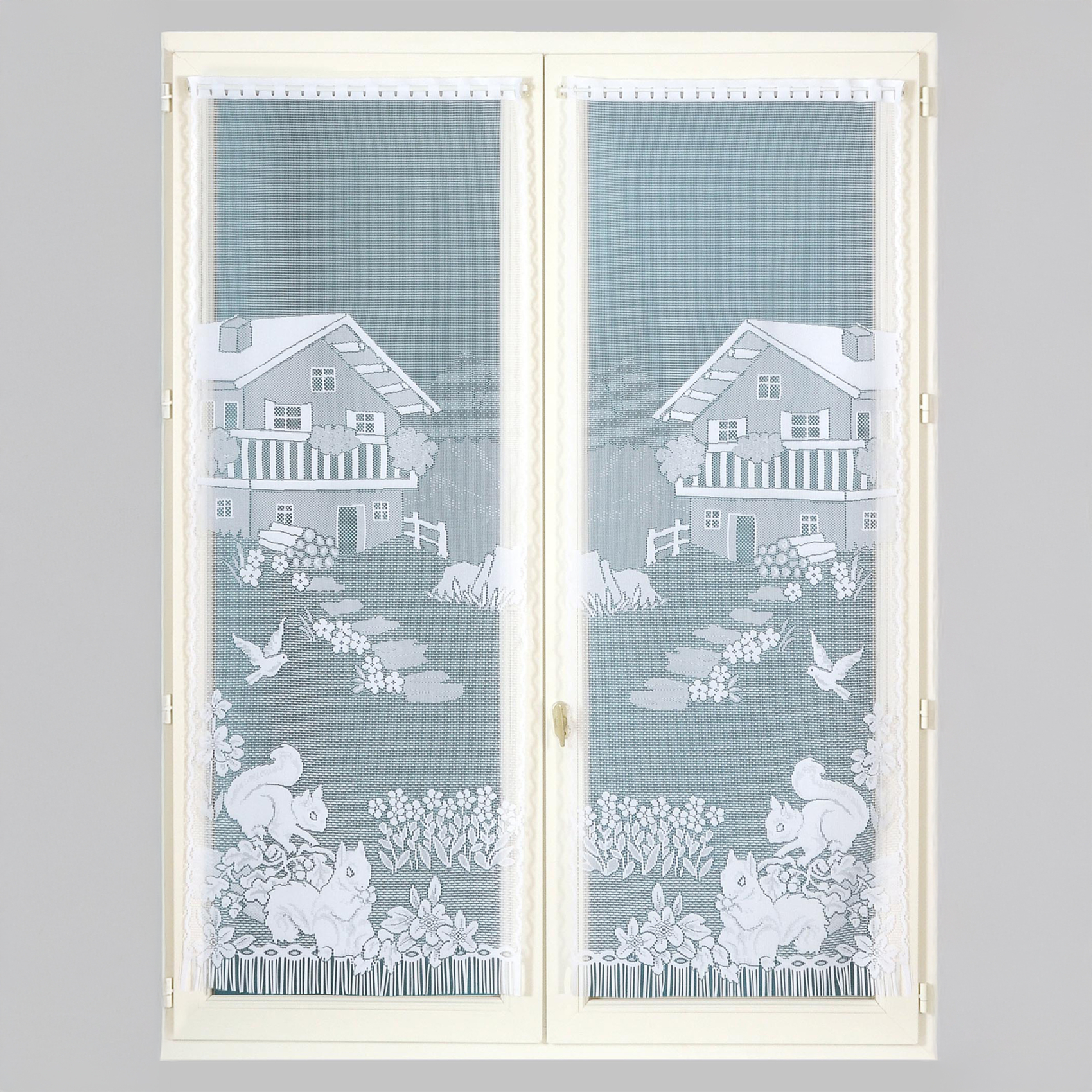 Paire de vitrages frangés en dentelle chalet et animaux — vue 3