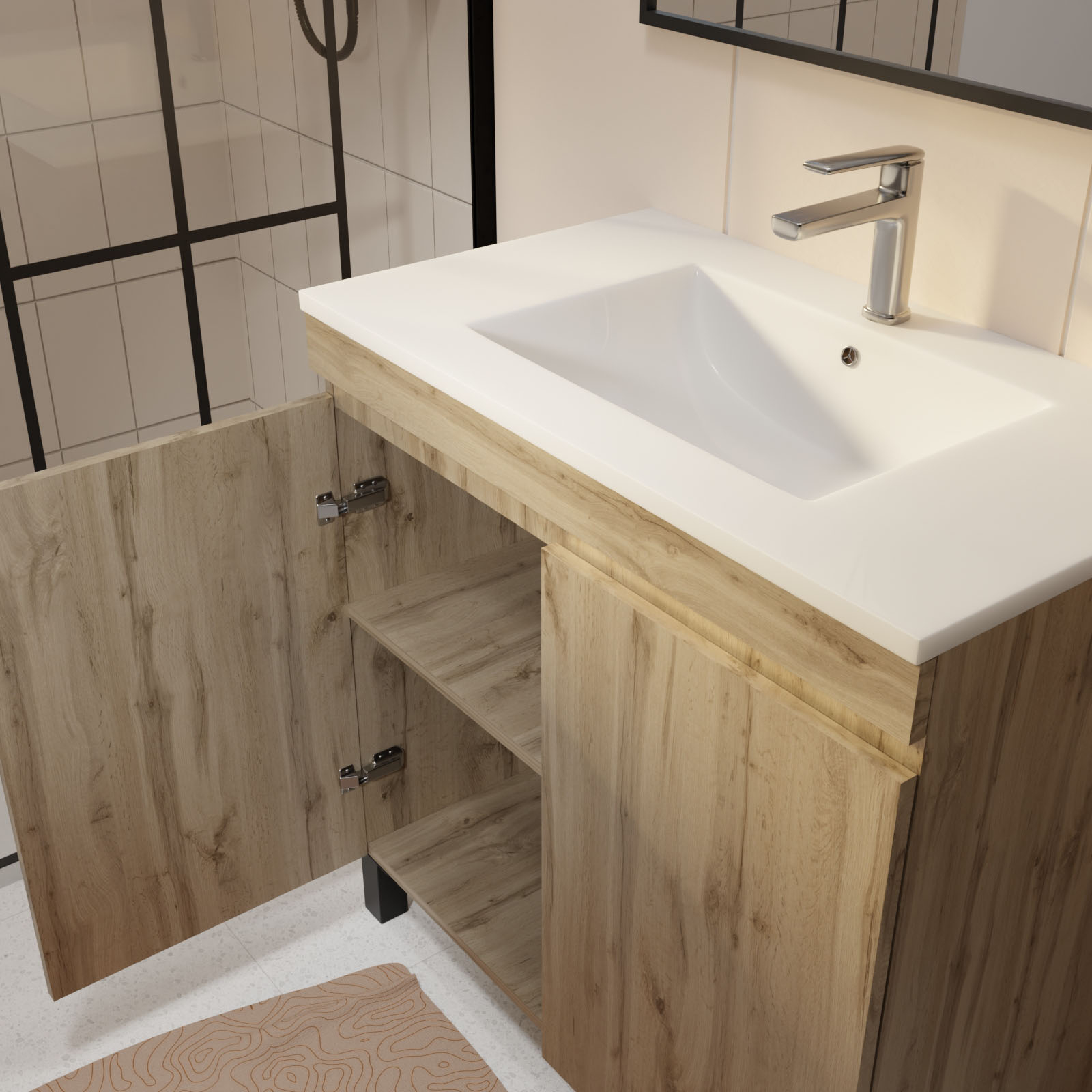 Meuble de salle de bains sur pieds 2 portes avec vasque en céramique — vue 4