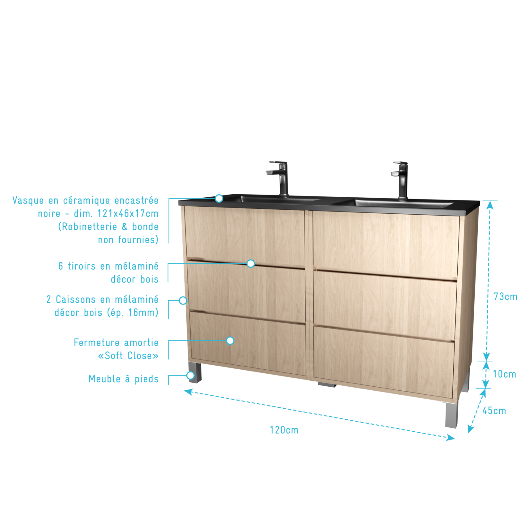 Meuble de salle de bains double vasque avec 6 tiroirs — vue 4
