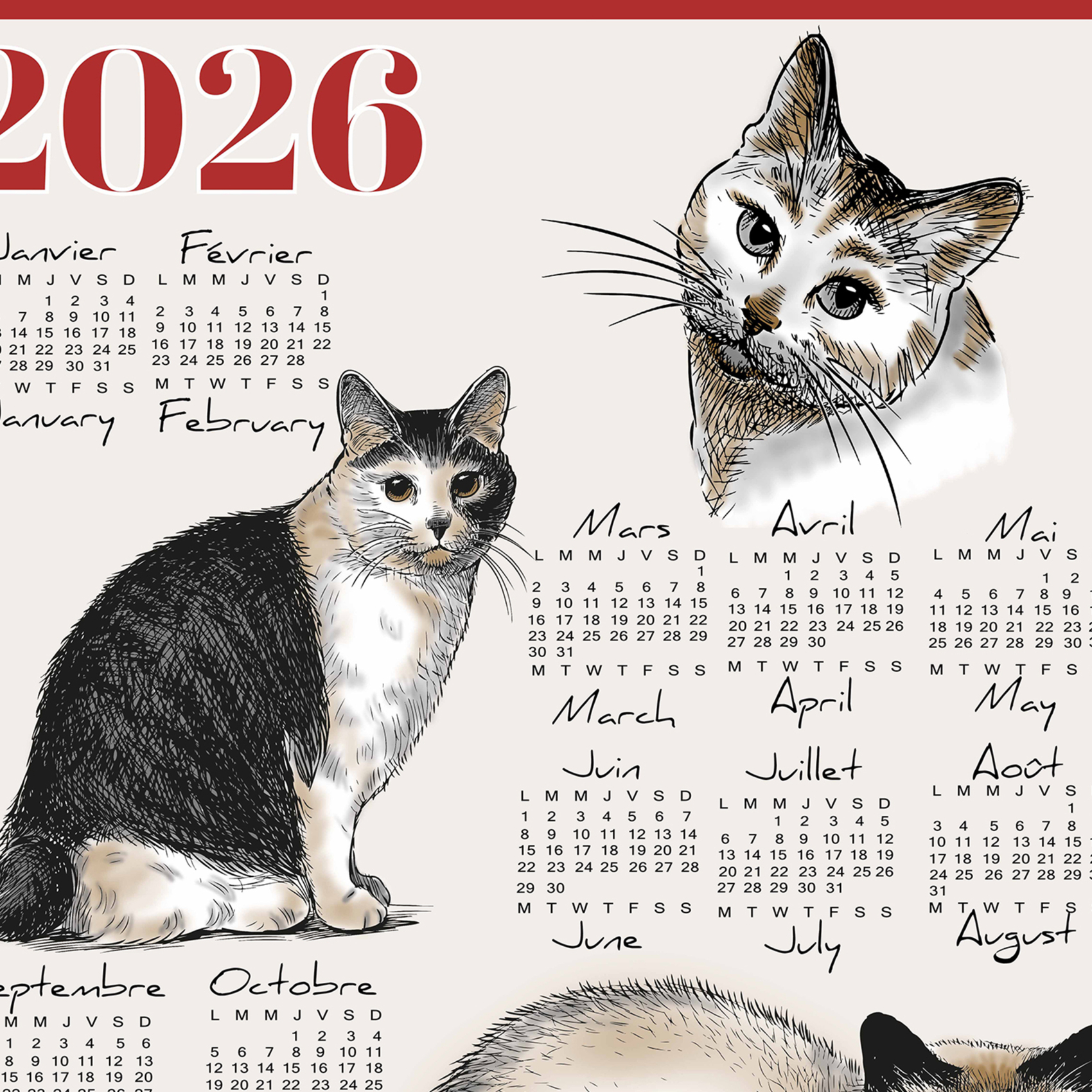 Torchon calendrier 2026 motif chats coton — vue 3