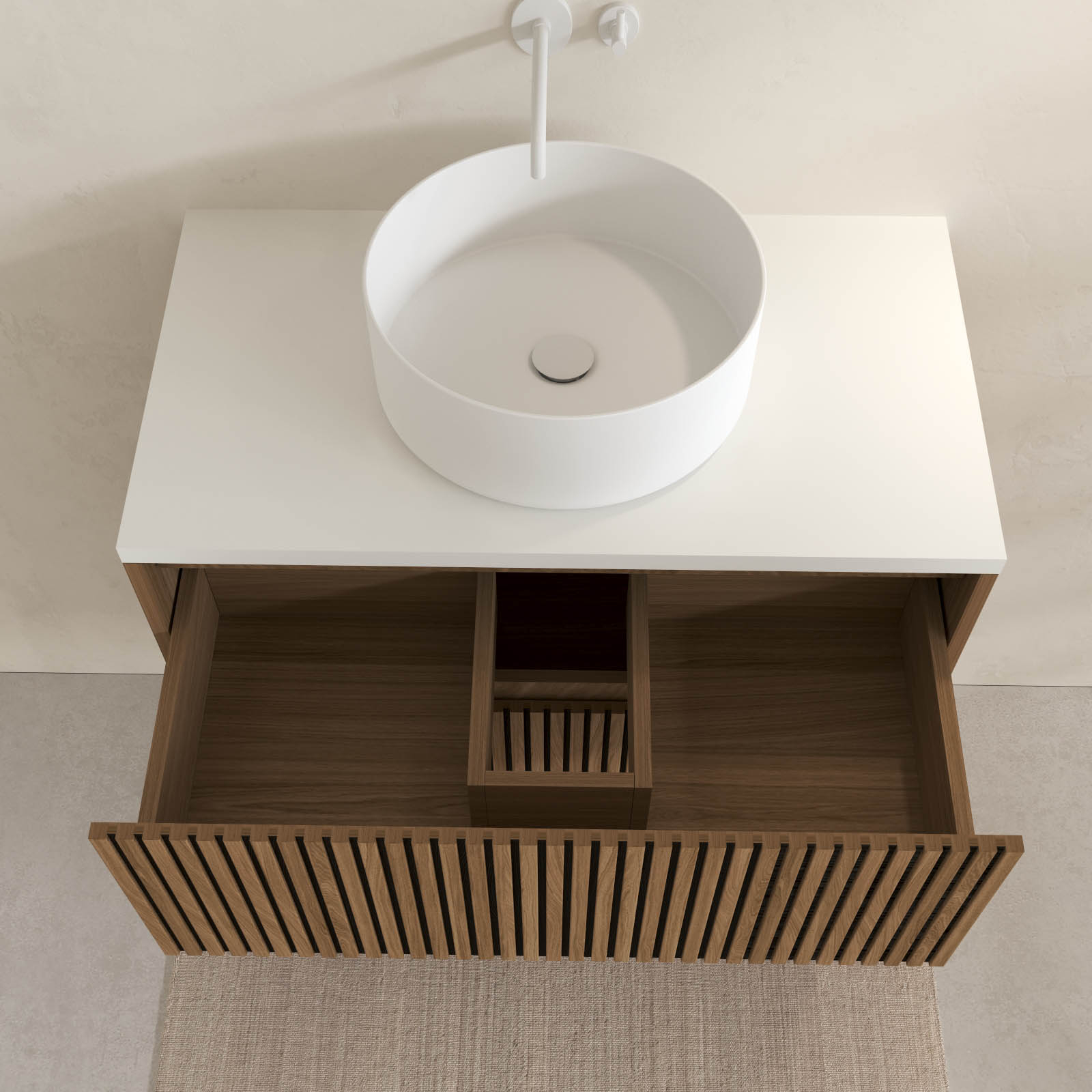 Meuble de salle de bain suspendu avec façade crantée, plan de toilette et vasque(s) à poser — vue 3