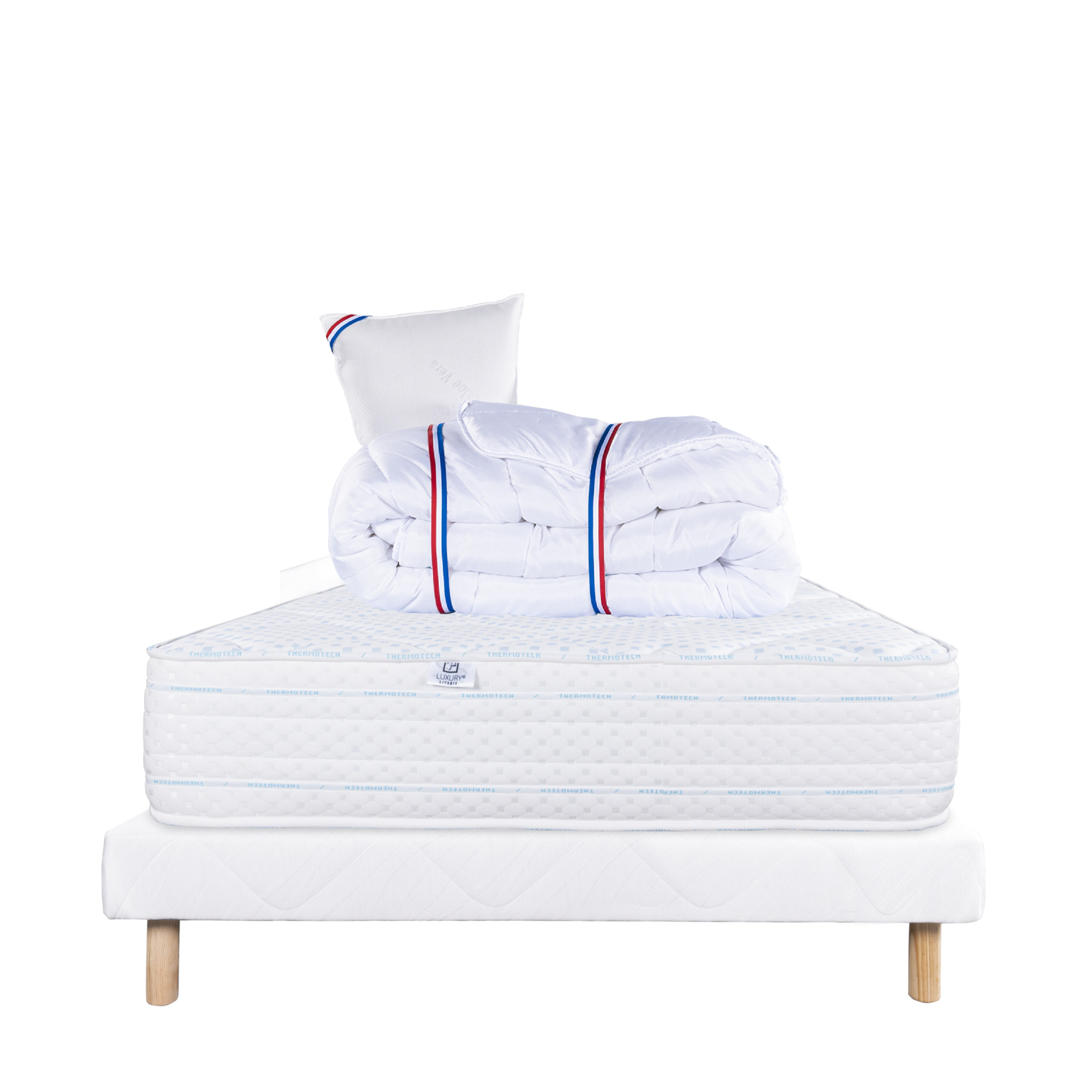 Ensemble literie avec matelas mémoire de forme 24 cm, sommier blanc, oreillers et couette