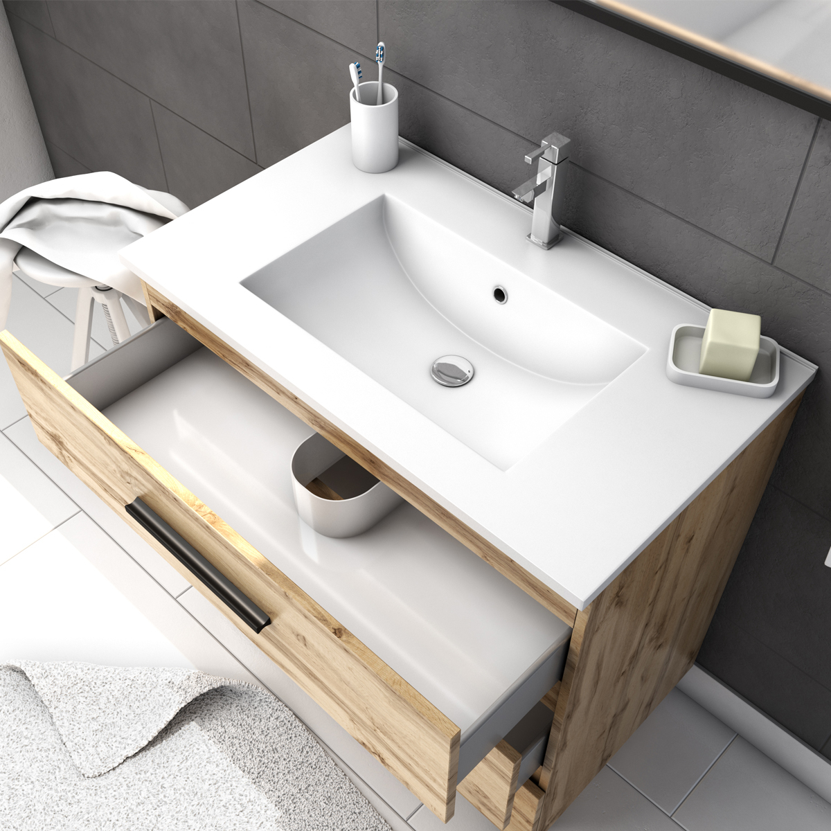 Pack caisson à tiroirs avec vasque et miroir — vue 3