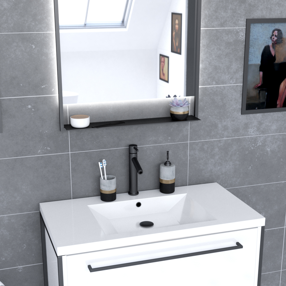 Pack caisson vasque et miroir à led — vue 3