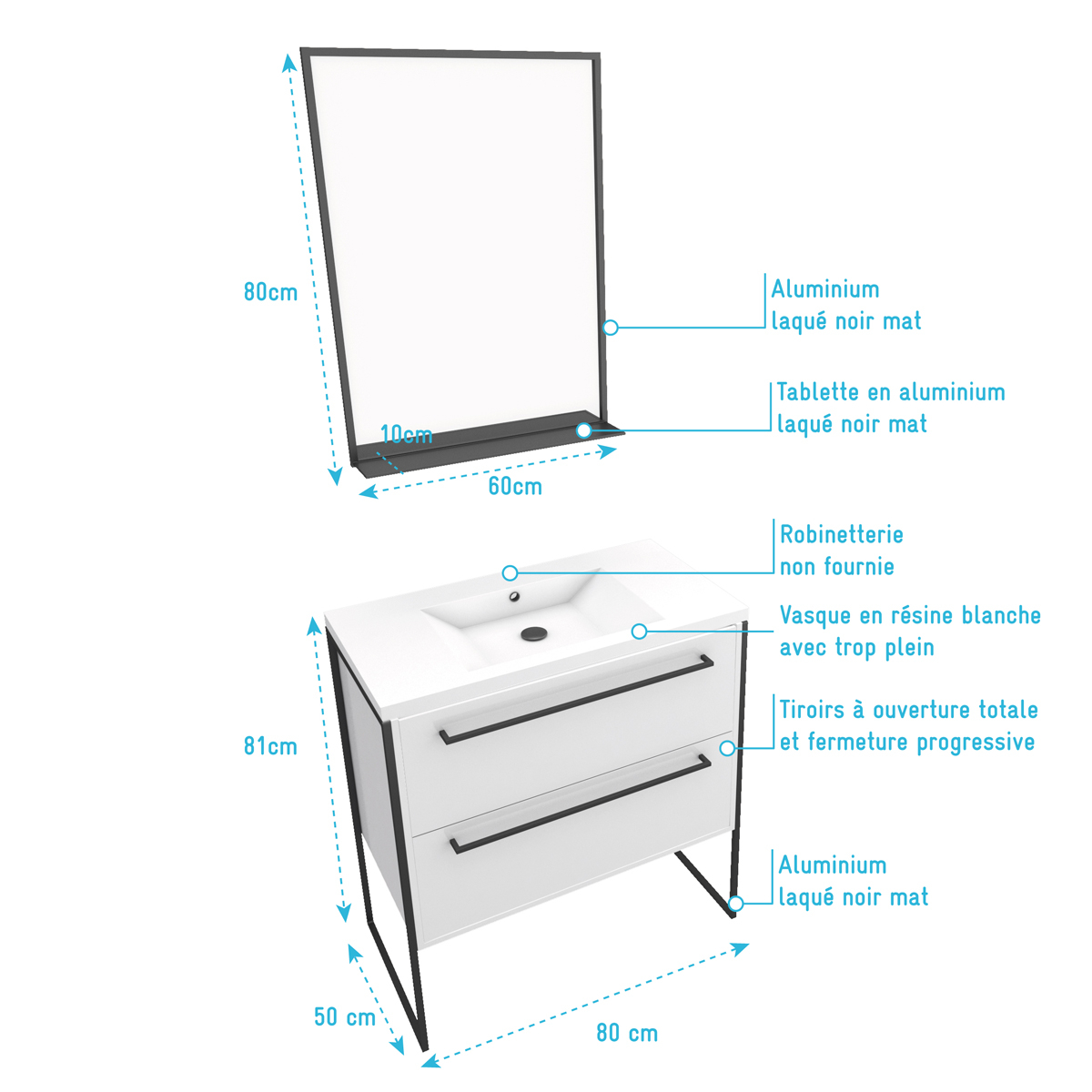 Pack caisson vasque et miroir simple — vue 3