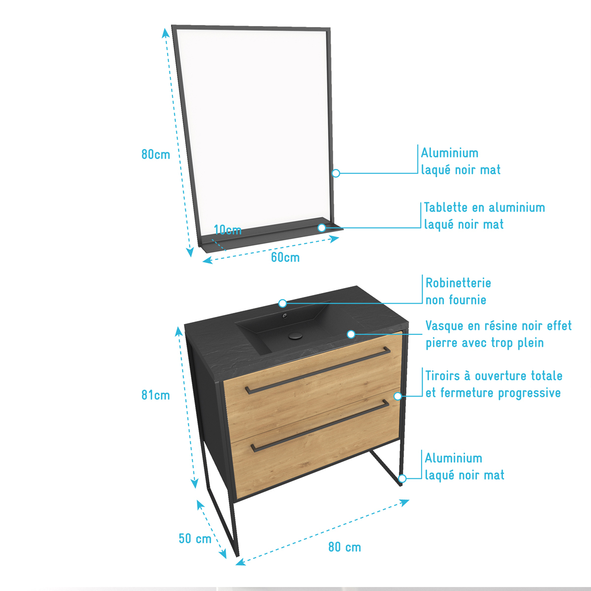 Ensemble caisson à tiroirs vasque et miroir simple — vue 3