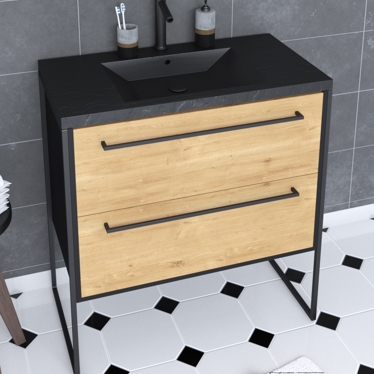 Ensemble caisson à tiroirs vasque et miroir simple — vue 4