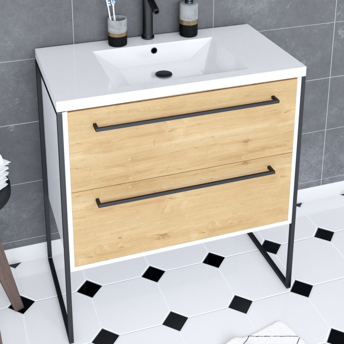 Pack meuble à 2 tiroirs vasque et miroir simple — vue 4