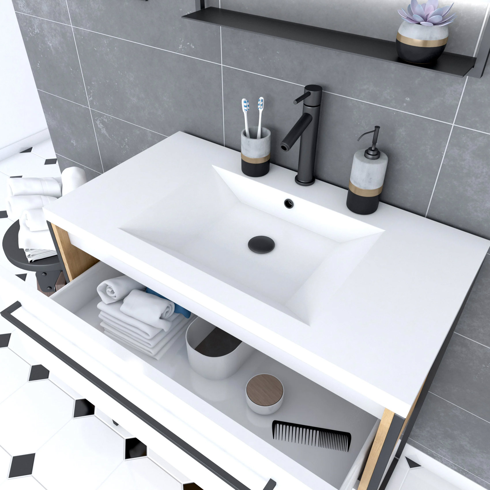 Pack meuble à tiroirs avec vasque en résine — vue 3