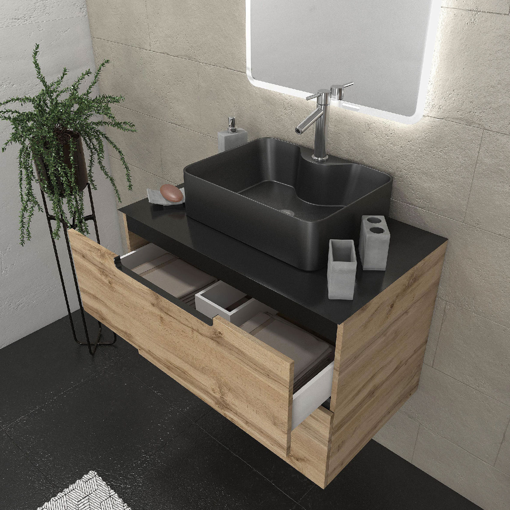 Meuble de salle bains avec vasque et miroir au style authentique — vue 4