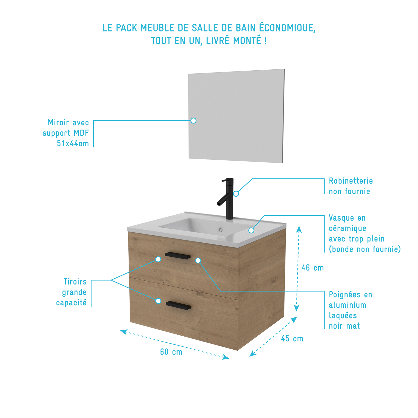 Ensemble meuble vasque + miroir finition bois — vue 5