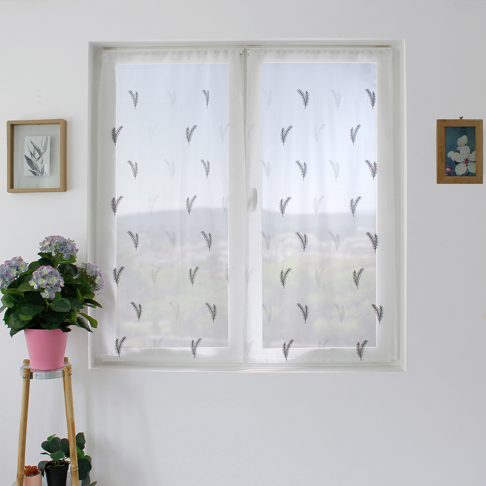 Paire de petits voilages aux broderies bicolores