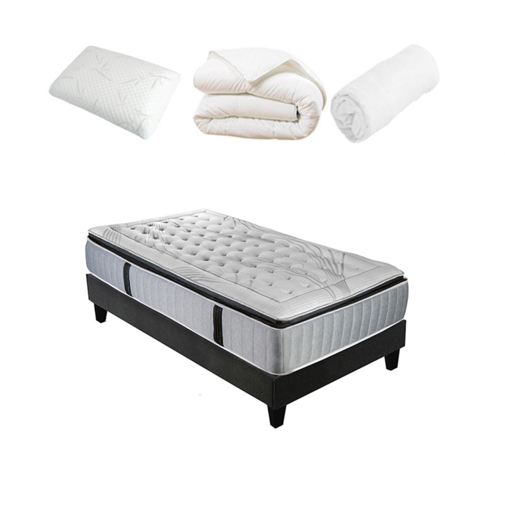 Pack à matelas à ressorts ensachés + sommier + accessoires