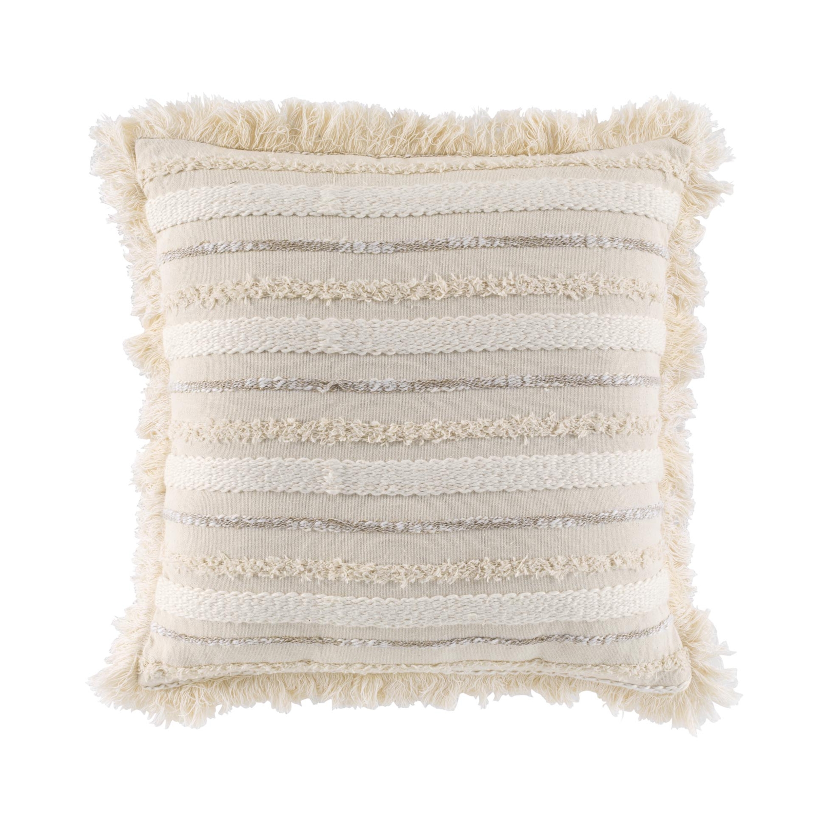 Coussin déhoussable en coton tissé avec franges et rayures en relief