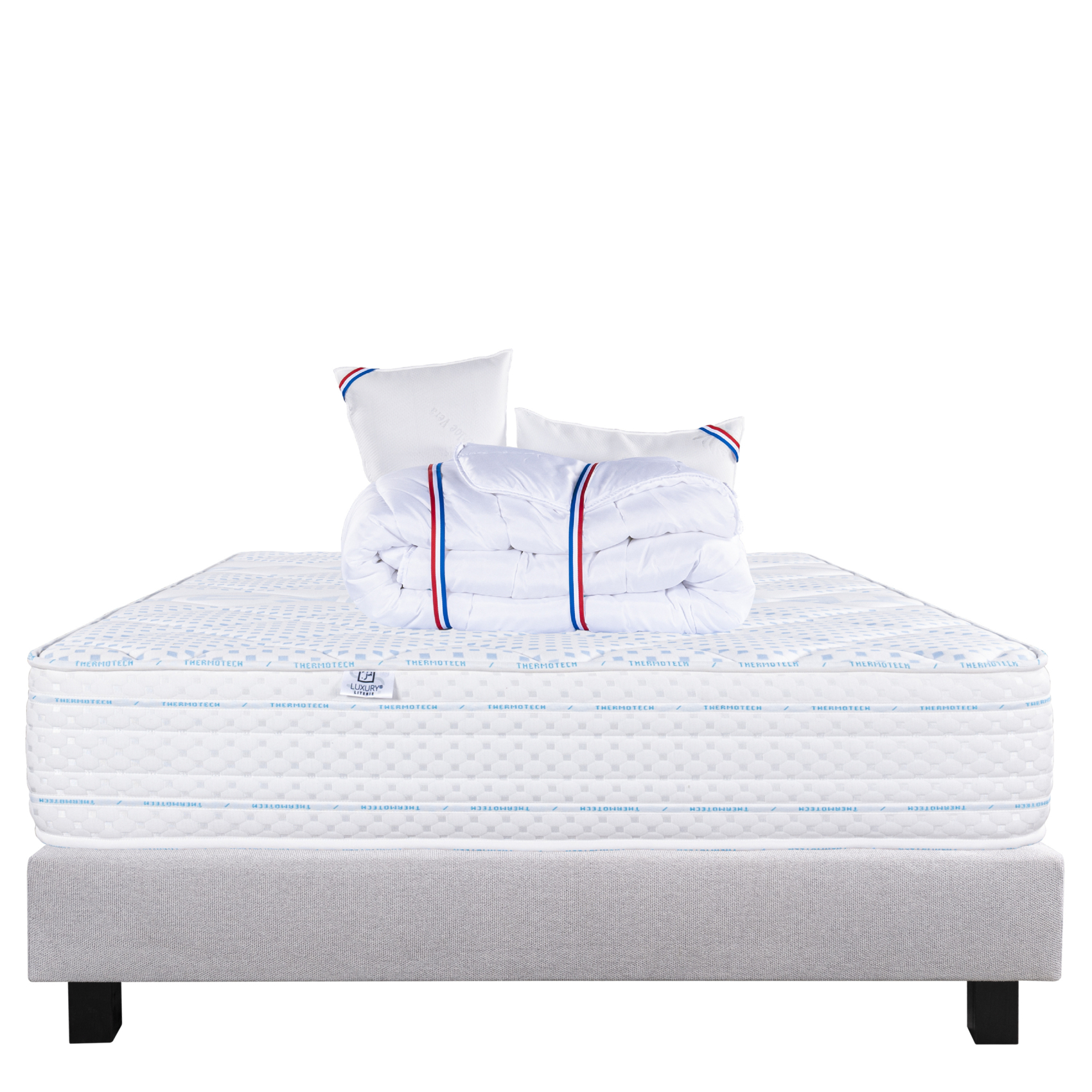 Ensemble literie mousse mémoire de forme 24 cm + sommier gris + oreillers + couette