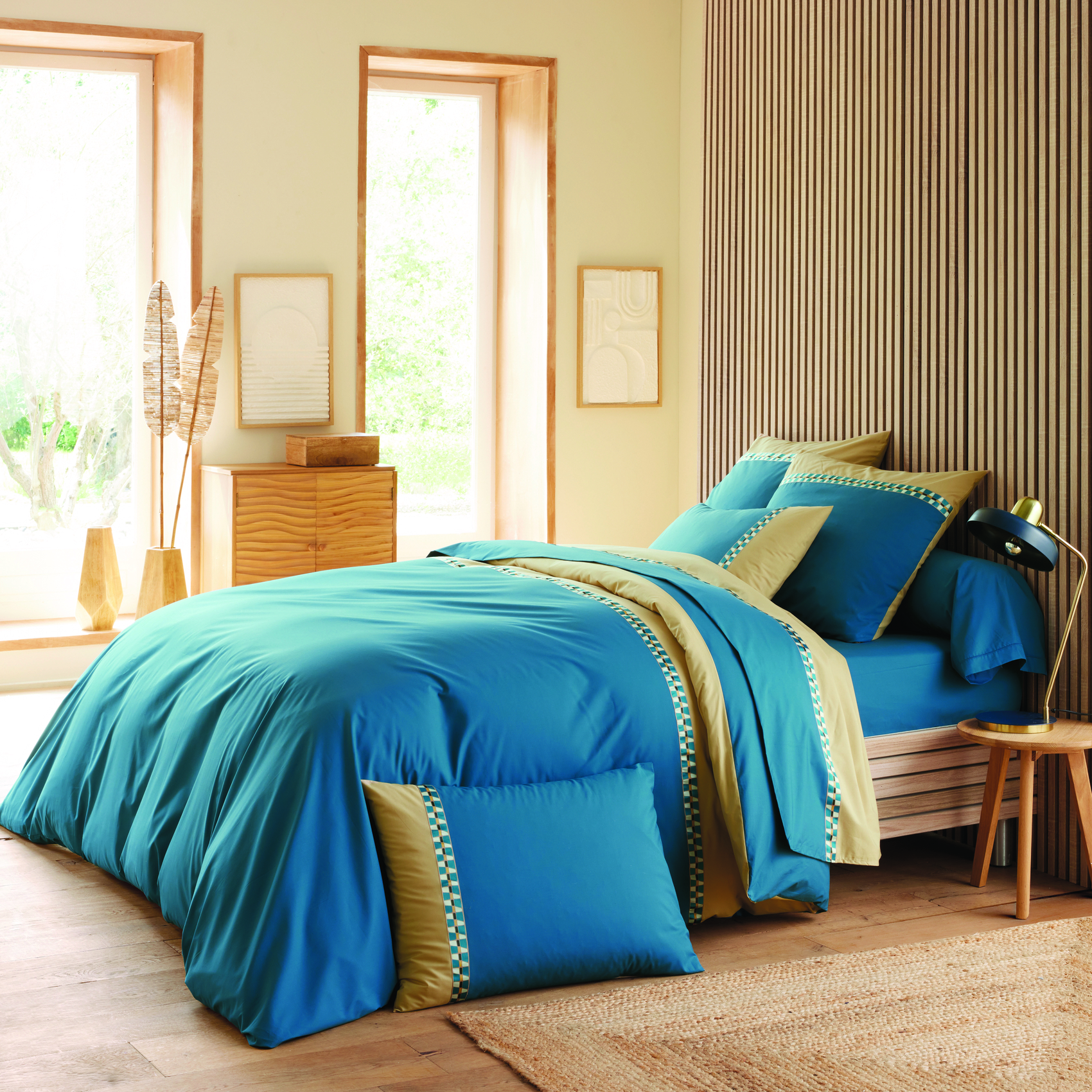 Parure de lit 2 pièces percale de coton géométrique housse + taie