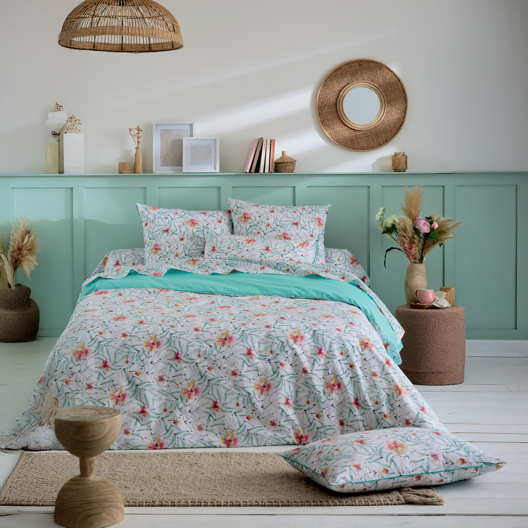 Housse de couette coton floral exotique réversible uni