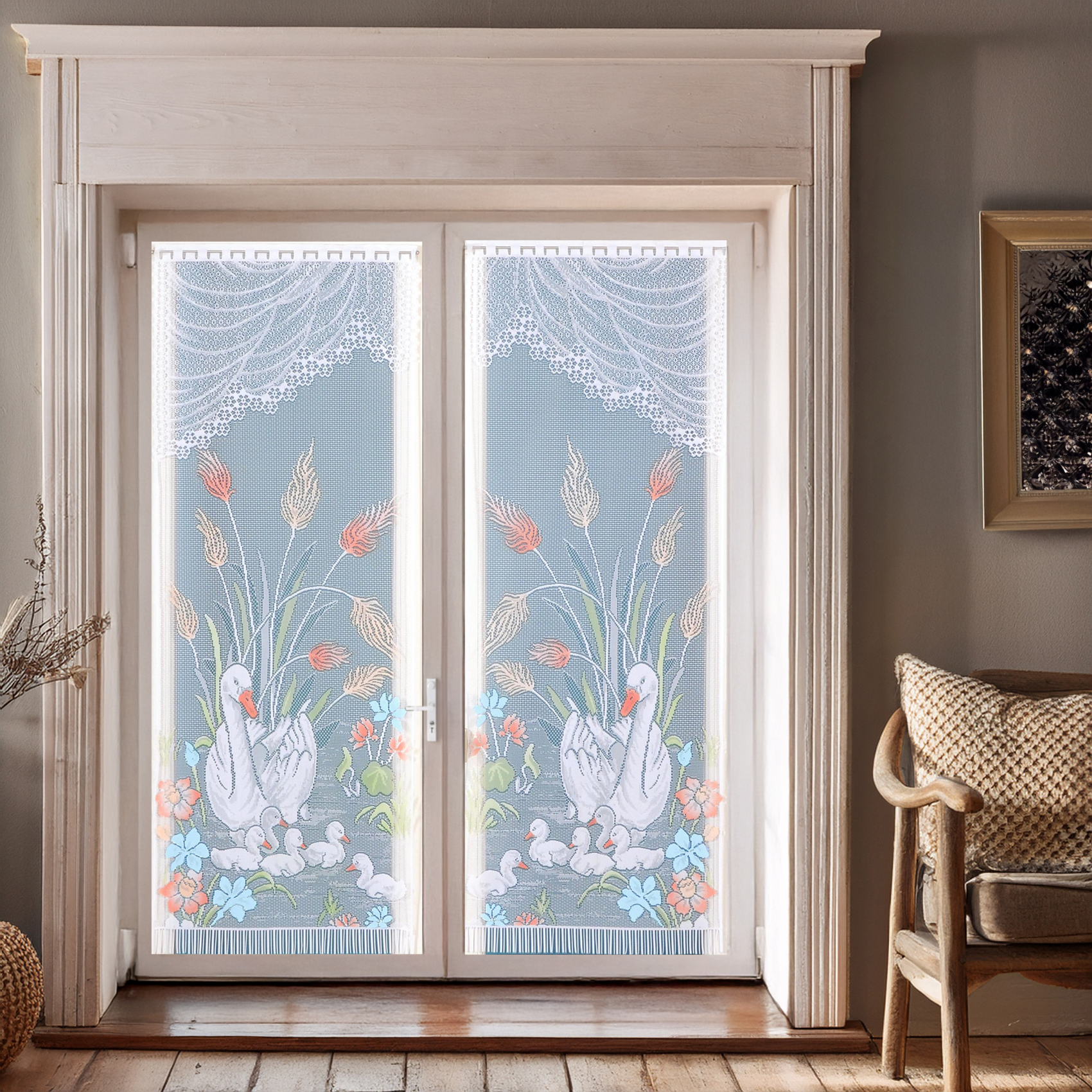 Paire de vitrages frangés en dentelle avec cygnes — vue 4